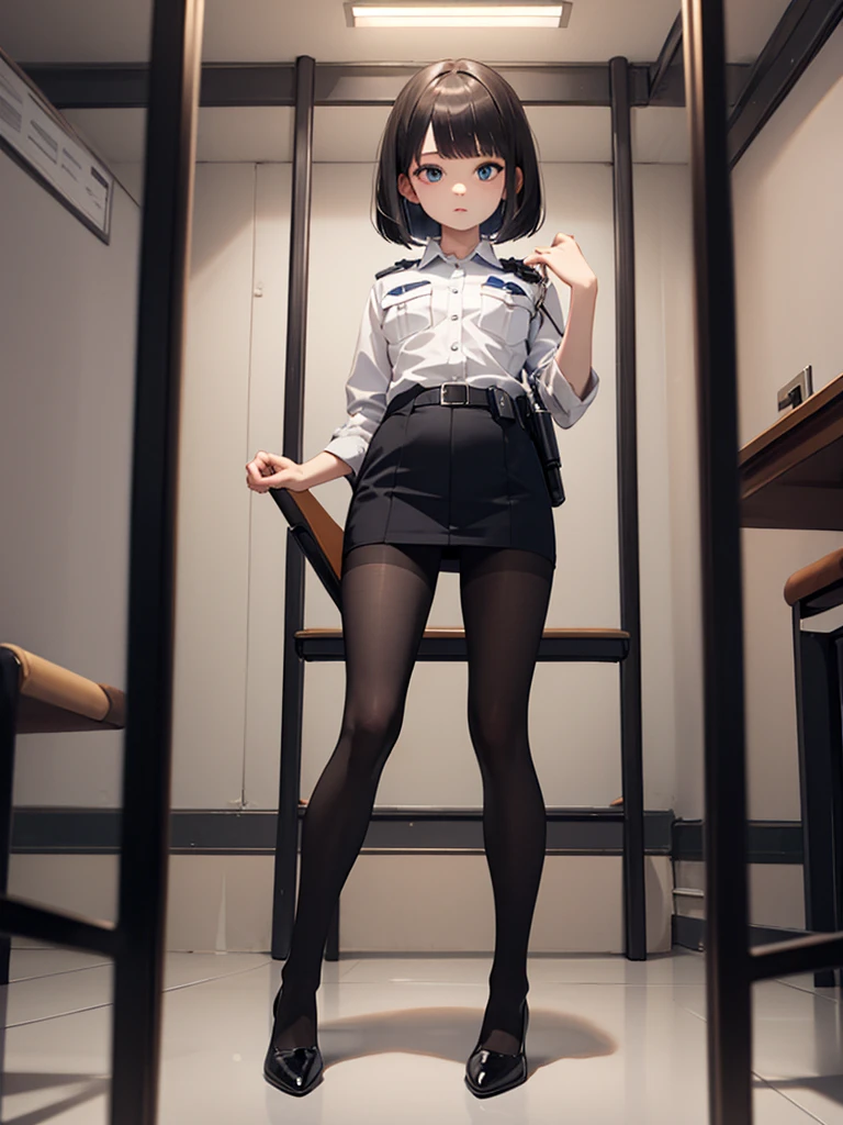 masterpiece, best quality, 1 girl, solo, 18 years old, small breasts, Perfect Face, beautiful, bob cut, police uniform, prison cell, black pantyhose,looking through legs, seat on chair