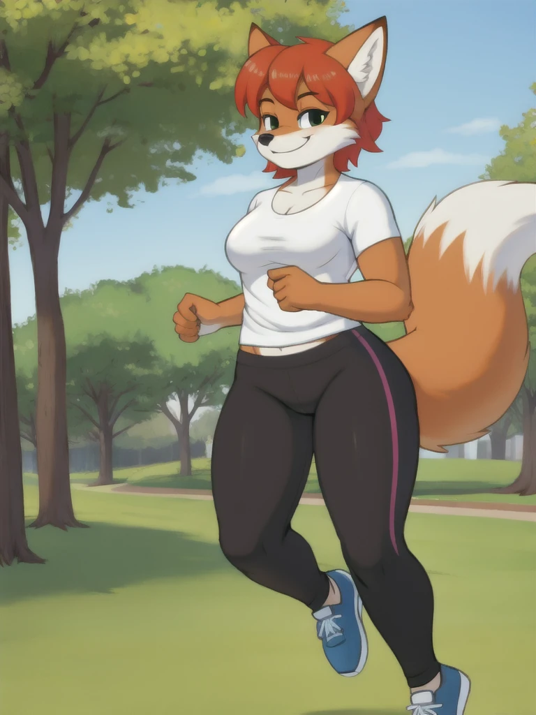 Furry, fox, smile, black leggings, white shirt, jogging, solo, park