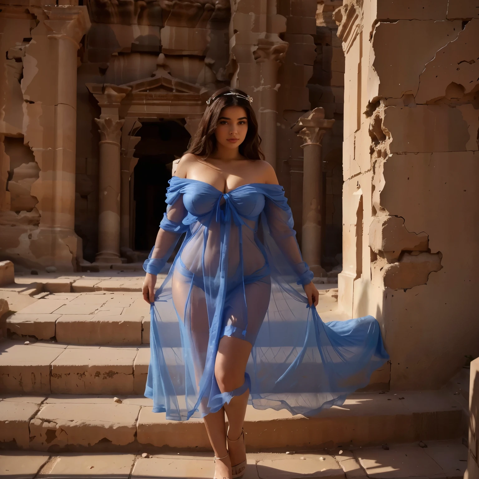femme arafée dans une robe bleue debout sur un escalier en pierre, fille arabe dans les ruines de Petra, portrait clair de demi rose, ruins of Petra behind her, cinematic goddess photo, Femme splendide, beautiful goddess, demi rose, drapé dans un tissu transparent, magnifique femme, Mia Khalifa, photo du corps d'a goddess cinématographique, superb giant photo of'a goddess