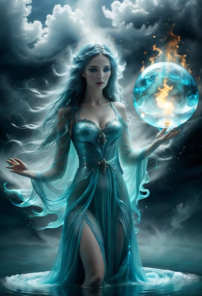 ((Masterpiece))(best quality)(perfect result) Aphrodite holding an orb, in wrath, mythical scene , water wrapped around body, full body, perfect body, perfect face, perfect hands, hold an blue flames astral orb, floating on water, blue flames eyes, wavy long hair, no dress, body exposed, disclose, ethereal white dragon, ethereal water, ethereal, massive smoke, blue-green smoke, feet on clouds, UHD, ultra detailed, hyper realistic, surrealism, epic realism, shiny body, glowing
