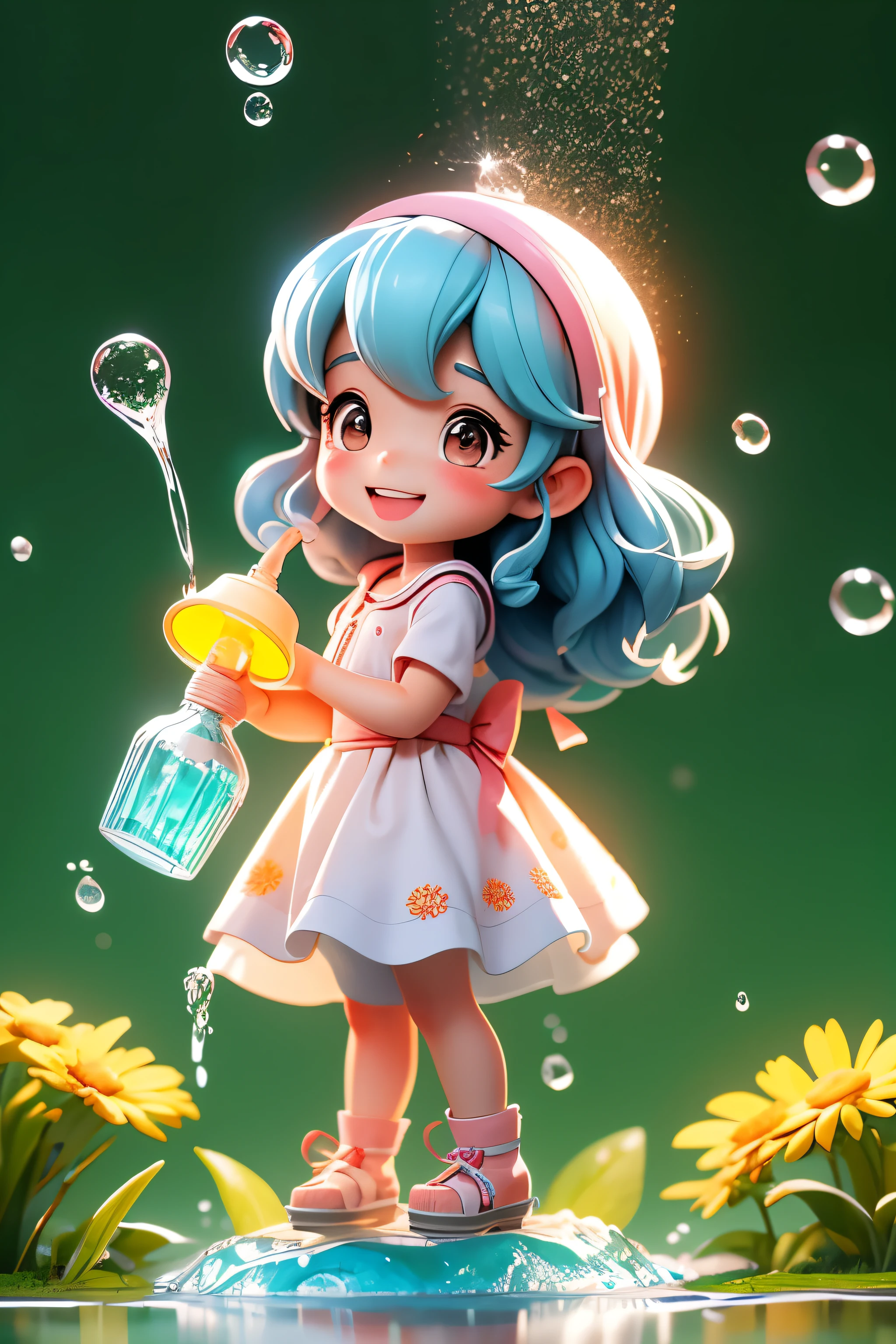 mediados de verano、Girl pouring water from a plastic bottle on her head、gotitas de agua、sonrisa、Tomado desde un lado