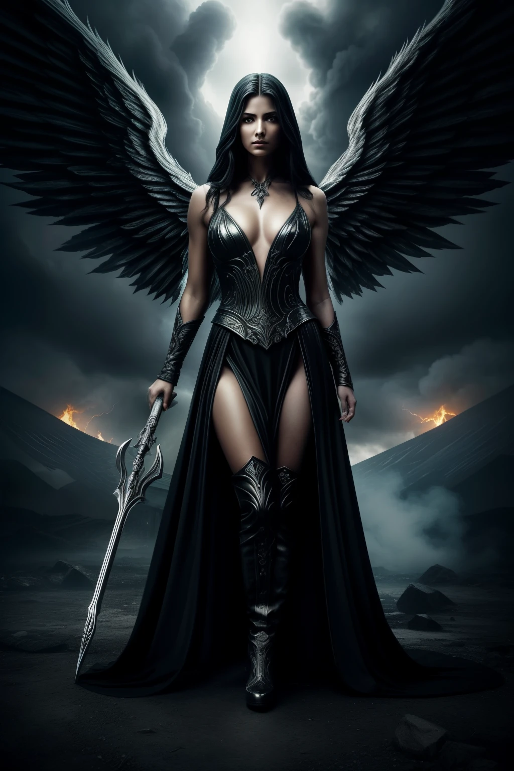 A stark, ethereal depiction of the Angel of Death, clad in shimmering silver robes, stands tall in the heart of a swirling, ominous cloud. With her single hand, she holds aloft a menacing scythe, its edge glinting menacingly. Thick tendrils of ephemeral smoke encircle her, adding mystery to her already intimidating presence. In the background, an inferno rages, its flames dancing and flickering alluringly. This high-definition masterpiece, captured in ultra-detailed, ultra-high resolution, showcases an eerie, hyper-realistic portrayal of the Angel without the traditional wings, her