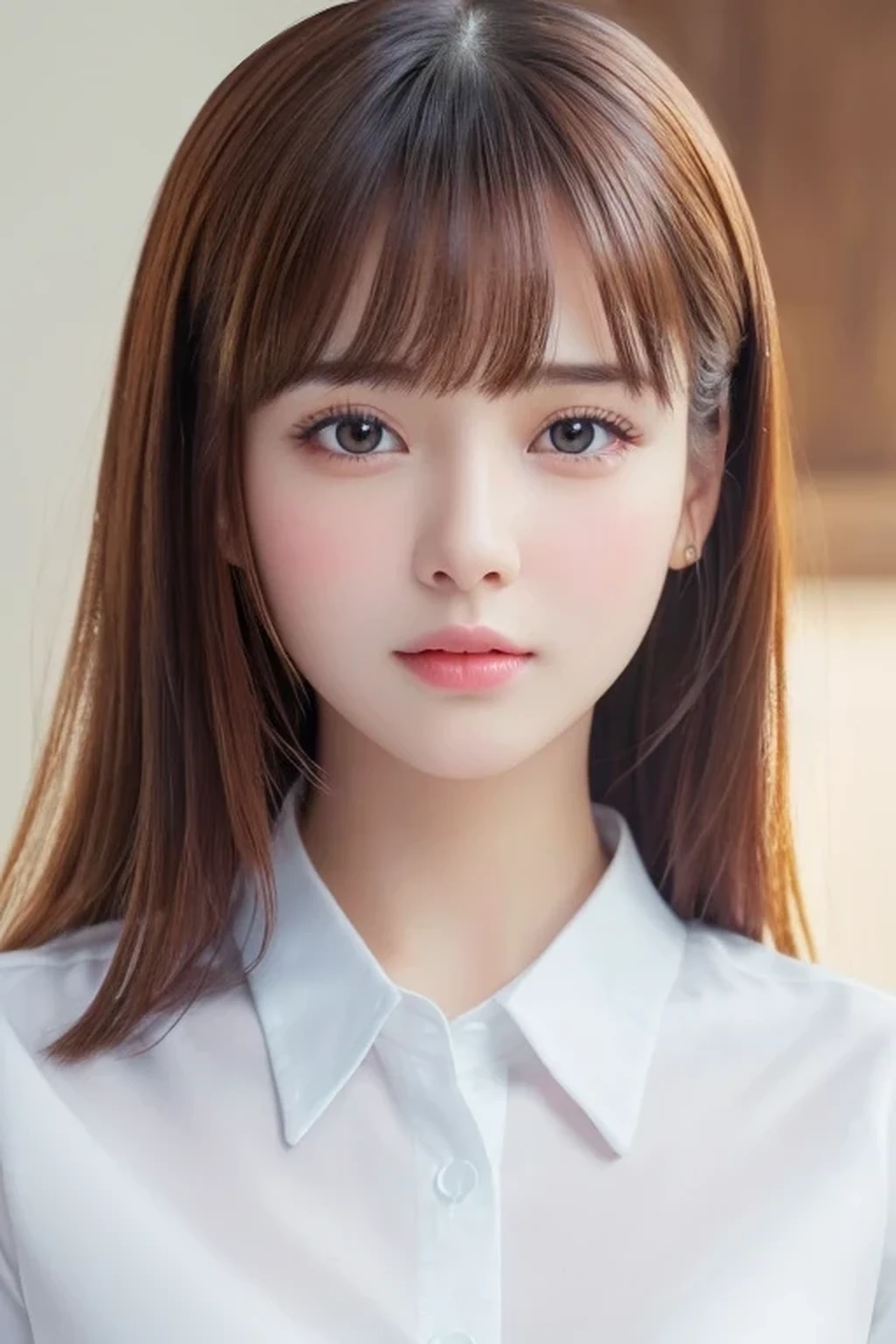 ((8K、highest quality))、cute、(((beautiful girl)))、bangs、(Depth of written boundary: 1.2)、Idol face、(UHD、Realistic Skin、Anatomically correct : 1.3)、(White shirt: 1.5)