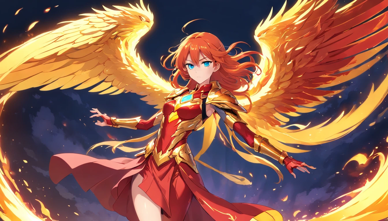 ((Beautiful warrior mage with the face of Asuka Langley. Voluptuous female body and feminine beauty. Light blue eyes, long red hair, crimson red hair, long red hair waving in the wind, body of a goddess, appearance of a goddess, medium well-marked breasts, well-rounded preches, young adult, well-proportioned female body, divine beauty, long legs, slender female body. She wears a long red imperial dress. She wears a long, fitted red dress. She wears a long skirt. She wears phoenix armor, she wears golden armor, she wears sensual plated armor, she wears feminine phoenix armor. Wing-shaped flames emerge from her back. She is full of determination and courage, she radiates an aura of unbreakable fighting that leaves everyone who looks at her captivated, she has a cold and proud look. She is levitating in the air, looking like a goddess, surrounded by flames, floating in the air with flames around her)), The character has fused with a phoenix and now has wings of fire, gold flames and armor with metal feathers, as well as a silhouette of the golden phoenix behind him, magical fusion of woman with phoenix, phoenix goddess, detailed features, large amount of details, anatomically correct, perfect facial features, extended palms, perfect fingers, feminine hands, graceful hands,