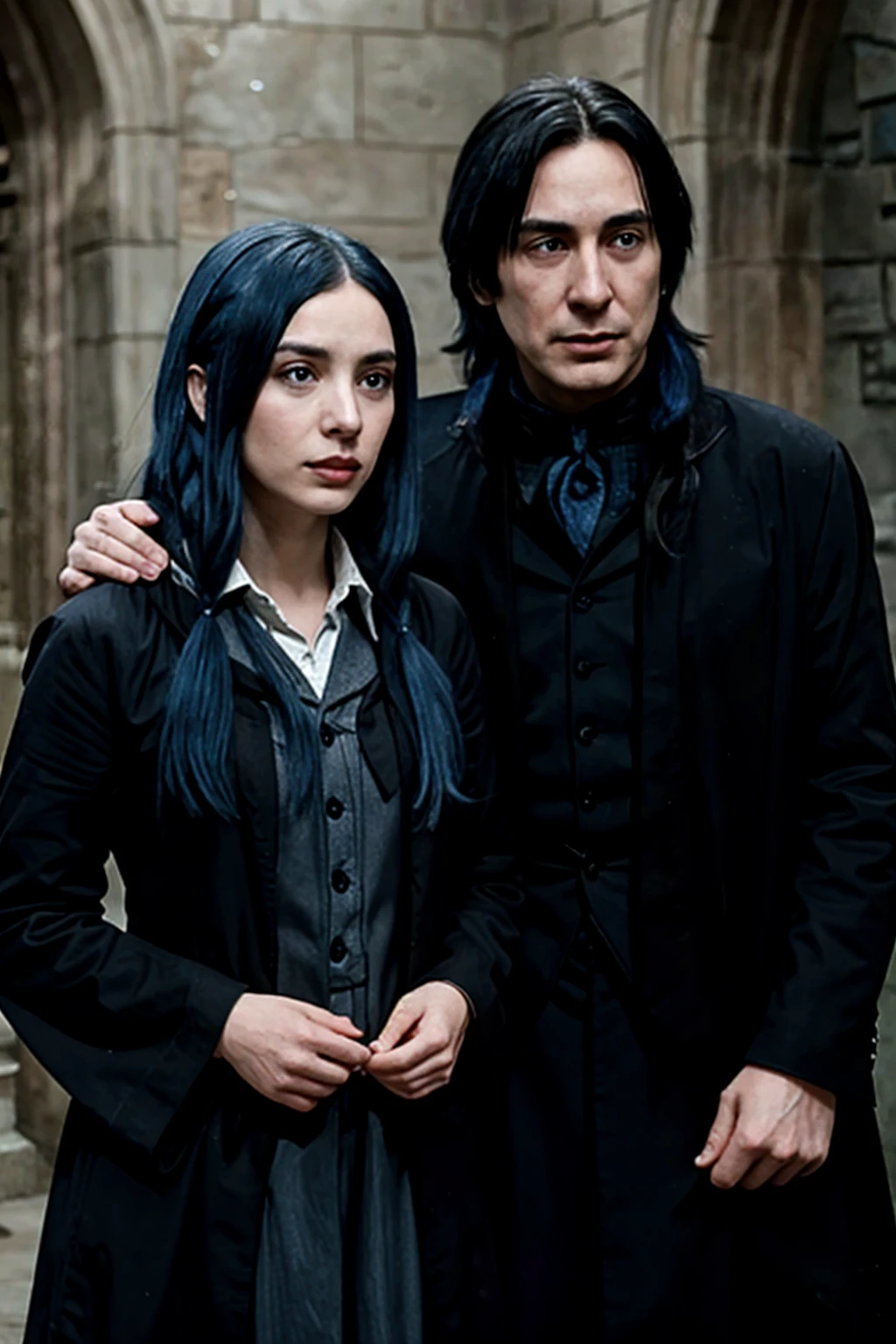 Make an ultra-realistic image, Mega 4k of Professor Severus Snape with a serious, ruiva do cabelo curto ecaracolado, de olhos azuis e poucas sardas no rosto, with a dark blue baby outfit. The setting is in a dark and ancient mythological house with dark colors. Snape looks at her sternly as he holds her in his arms..