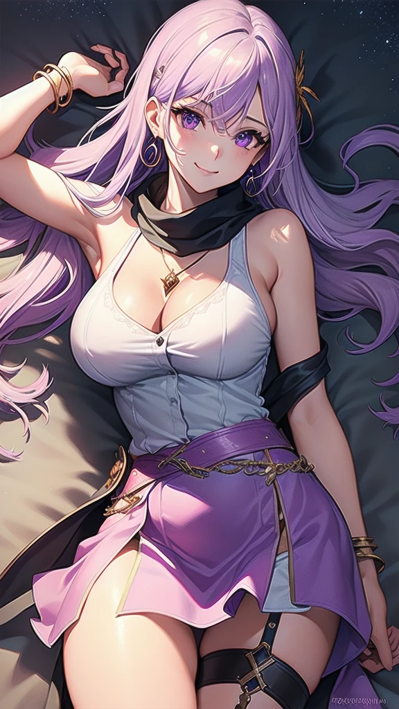 masterpiece, best quality, 1 solo girl, light purple hair, light purple eyes, long hair, medium breasts, sexy body and face, wavy hair, smile, sleeveless shirt, scarf, black thigh-high, mini skirt, pendant, bracelet, jewelry, earrings, feather hair ornament, book, lying at the bed, night, sexy pose, cowboy shots, detailed body, face, and eyes, sharp focus, vibrant, creative, dynamic, high definition, high resolution, 8k, (Upscale: R-ESRGAN 4x+ Anime6mage enchance:4x), voluptuous body, cinema lightning, dakimakura style, looking at the viewer,