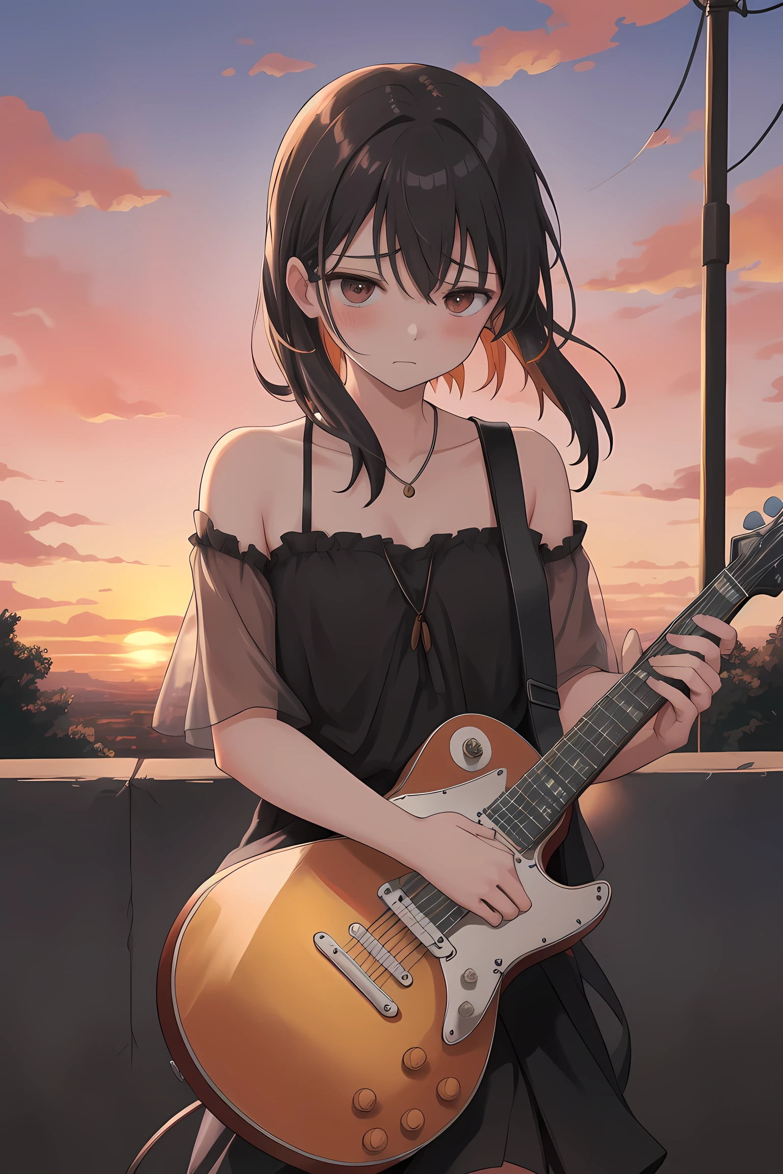 A soulful figure holding a (((guitar))), expressively strumming notes that evoke melancholy, with a backdrop of a (sunset sky) that softly colors the landscape around them, as if turning their (sorrow) into a (heartfelt ballad)
