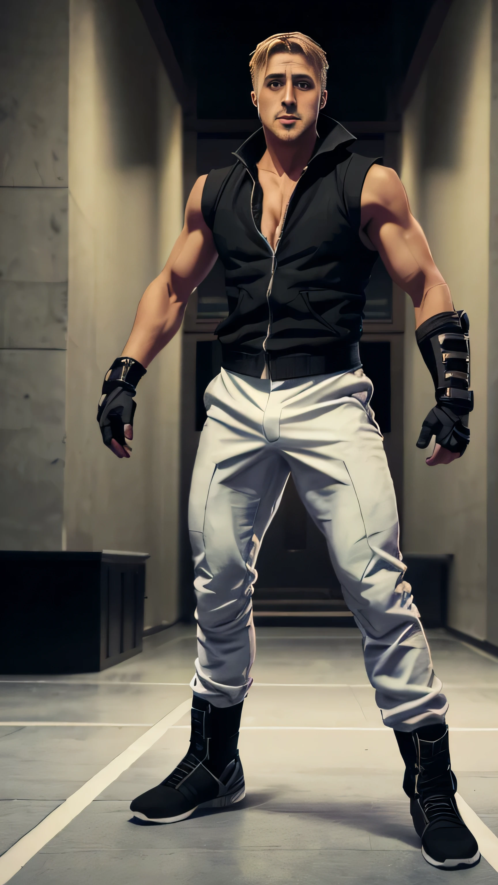 (Ryan Gosling) as Kobra from Mortal Kombat, long hair, white sleeveless vest, white fingerless gloves, black ninja pants, black ninja shoes, 1man, solo, full body view, front view, looking at viewer, intricate, high detail, sharp focus, dramatic, photorealistic painting art by greg rutkowski