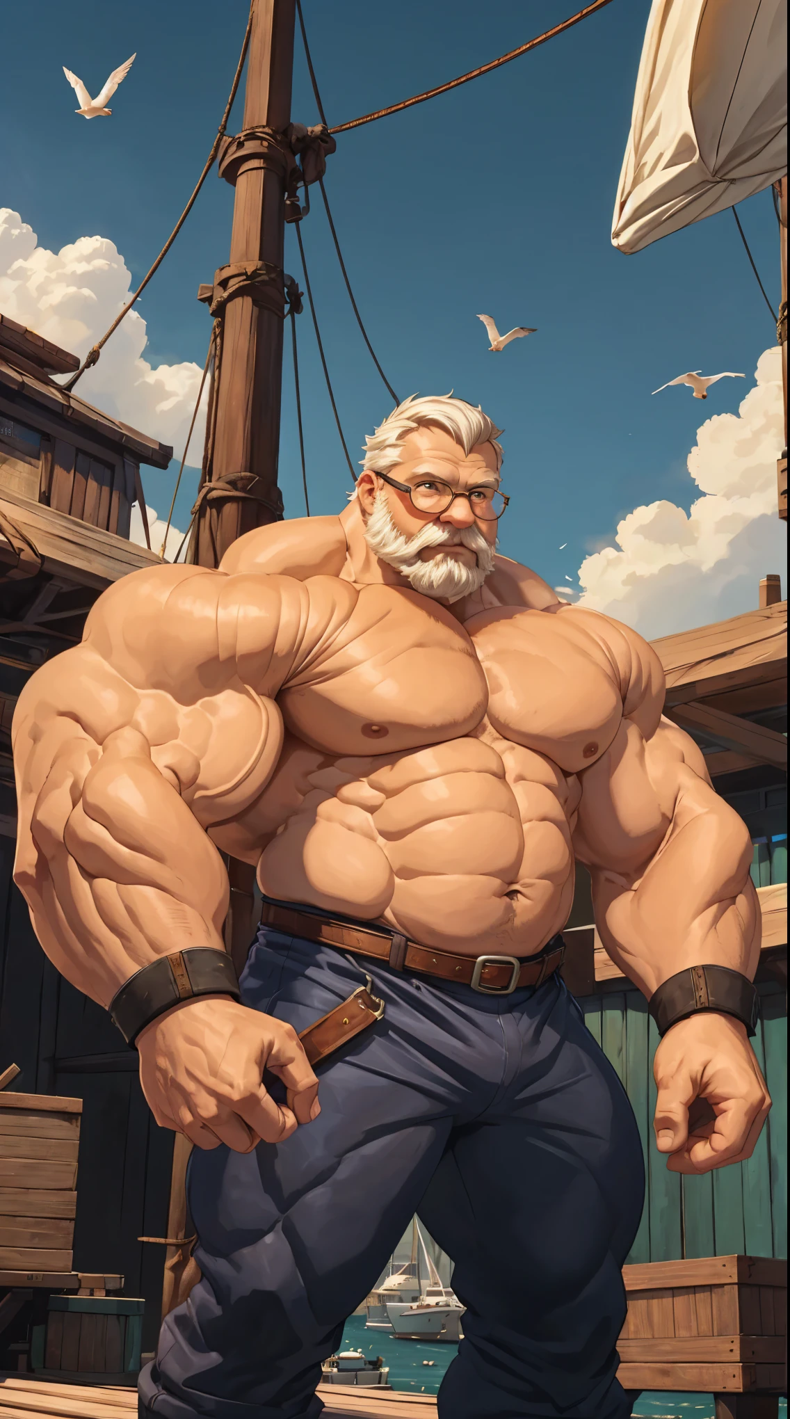 wallpaper, A solo, muscular boy with huge pectorals wearing glasses stands in a harbor, shirtless. He is an old man with short white hair and a thick beard. The scene is full of pirates, creating an adventurous atmosphere. The artwork is a masterpiece, with high detail and resolution of 8k. The muscular boy's pectorals are particularly emphasized, showcasing his strength. The harbor is bustling with activity, with ships, crates, and seagulls in the background. The lighting is dramatic, highlighting the boy's strong physique. Overall, the image exudes a sense of power, adventure, and mastery.