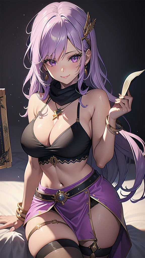 masterpiece, best quality, 1 solo girl, light purple hair, light purple eyes, long hair, medium breasts, sexy body and face, wavy hair, smile, sleeveless shirt, scarf, black thigh-high, mini skirt, pendant, bracelet, jewelry, earrings, feather hair ornament, book, lying at the bed, night, sexy pose, cowboy shots, detailed body, face, and eyes, sharp focus, vibrant, creative, dynamic, high definition, high resolution, 8k, (Upscale: R-ESRGAN 4x+ Anime6mage enchance:4x), voluptuous body, cinema lightning, dakimakura style, looking at the viewer,