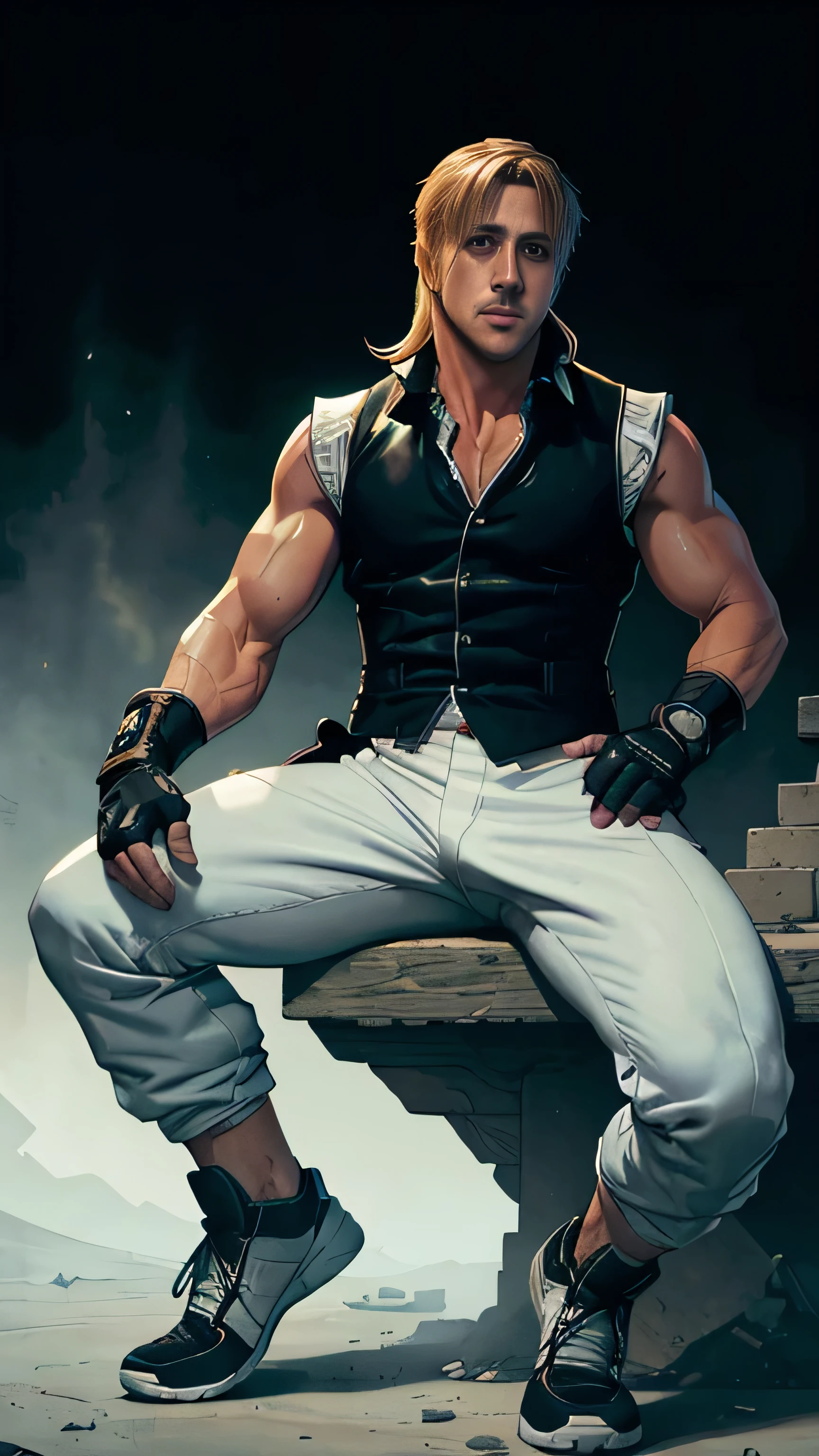 (Ryan Gosling) as Kobra from Mortal Kombat, long hair, white sleeveless vest, white fingerless gloves, black ninja pants, black ninja shoes, 1man, solo, full body view, front view, looking at viewer, intricate, high detail, sharp focus, dramatic, photorealistic painting art by greg rutkowski