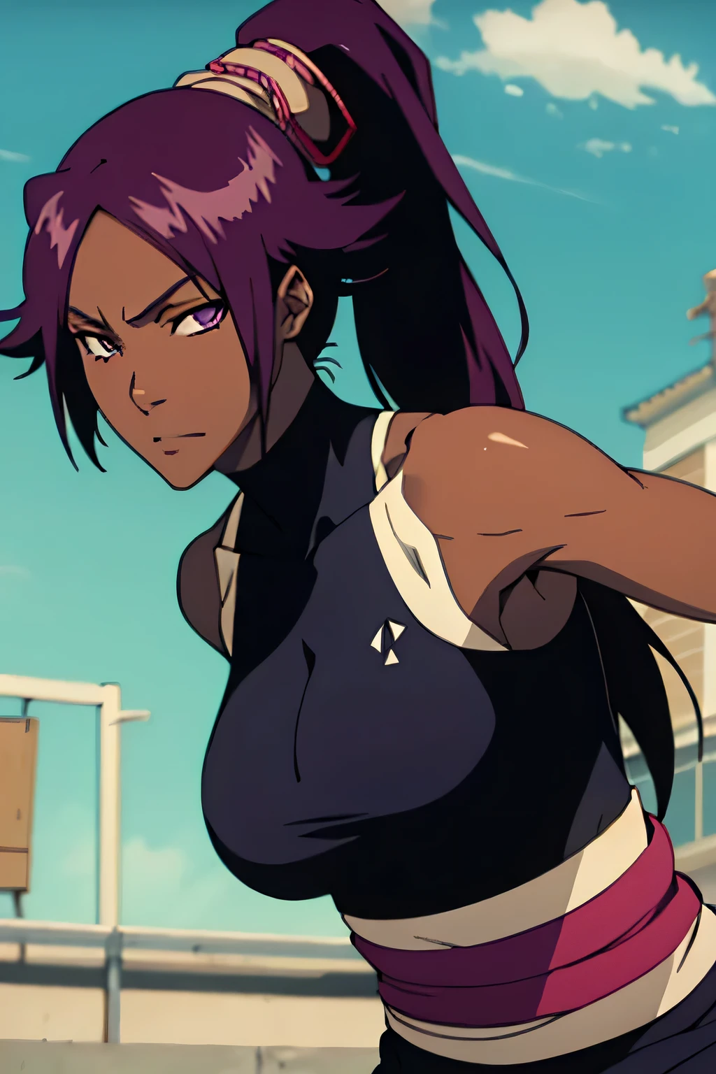 1 woman, yoruichi shihouin, dark skinned, long dark purple hair, ponytail, ((detailed eyes:1.2)), wearing tanktop, sexy, sensual, sleeveless, underboob, masterpiece, top quality, best quality, official art, beautiful and aesthetic:1.2), extreme detailed, colorful, highest detailed