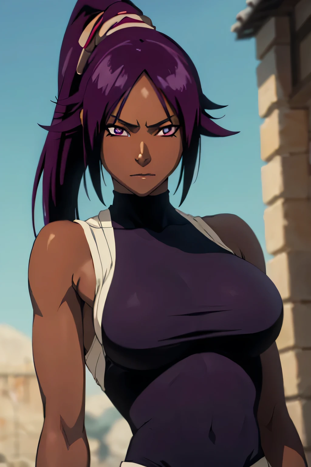 1 woman, yoruichi shihouin, dark skinned, long dark purple hair, ponytail, ((detailed eyes:1.2)), wearing tanktop, sexy, sensual, sleeveless, underboob, masterpiece, top quality, best quality, official art, beautiful and aesthetic:1.2), extreme detailed, colorful, highest detailed