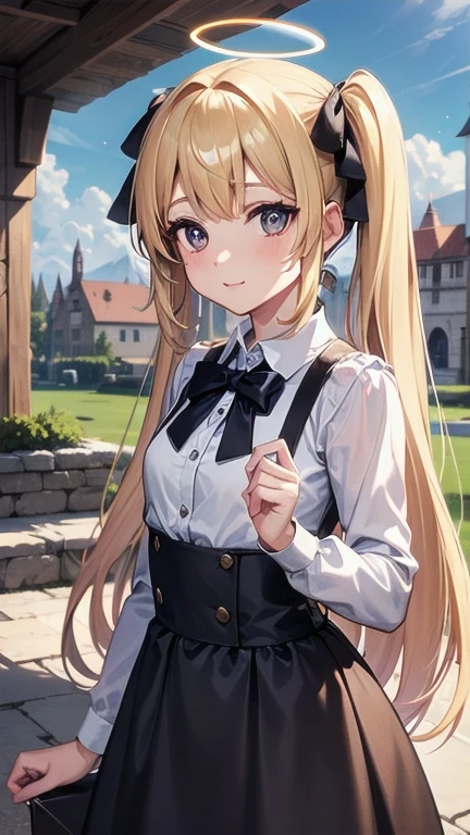 (mejor calidad, obra maestra, Hermoso), chica, joven, pechos grandes, Hermoso white long hair with bow tie, ojos rojos, Hermoso eyes pupil, labios rojos, colmillos dentales, bonitas horquillas, lindo hairpin, Large angel halo in the shape of a magic circle, camisa morada, fuera del hombro, accesorios para camisas, camisa pajarita, cuello negro, microfalda plateada blanca, small skirt, medias blancas hasta el muslo, lindo, adorable, escenario, nubes, pueblo medieval, fantasy world, isekai, trazado de rayos, Hermoso lighting, luz de sol