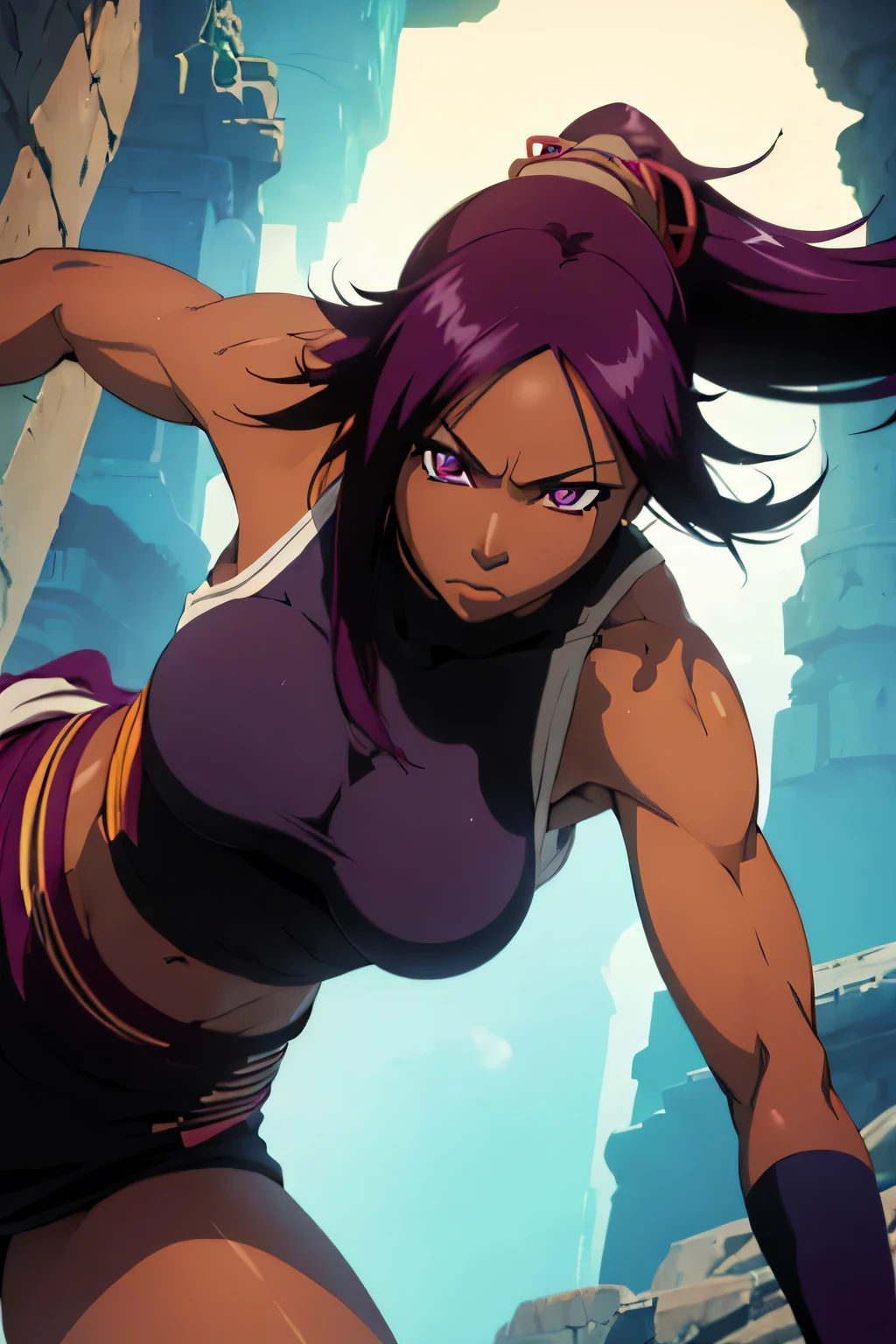 1 woman, yoruichi shihouin, dark skinned, long dark purple hair, ponytail, ((detailed eyes:1.2)), wearing tanktop, sexy, sensual, sleeveless, underboob, masterpiece, top quality, best quality, official art, beautiful and aesthetic:1.2), extreme detailed, colorful, highest detailed