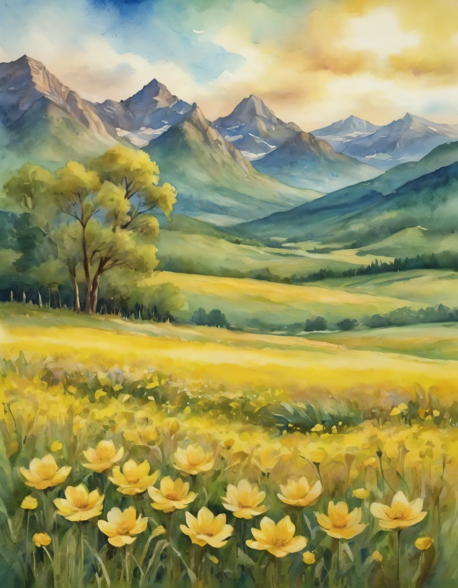 watercolor of a field of yellow flowers with grass and mountains behind it in the style of spectacular backdrops, environmental awareness, nature-inspired art, detailed nature depictions, soft shading