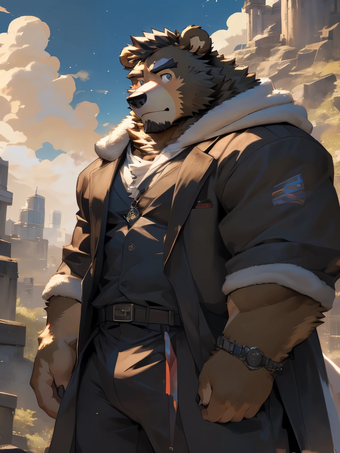 (Super detailed), Sharp focus,hairy, Black and white fur), black beard, Black Hair,human nature (Brown Bear:1.3), male, Middle-aged and elderly, Brown body, White belly, Muscular ,(Crotch bulge),Super detailed的脸,(Disheveled 1.4),(best quality), (masterpiece), High Detail, high quality,High resolution,16K,Mighty Posture,Overlooking,(Brown Bear:1.3),(Brown fur:1.3)