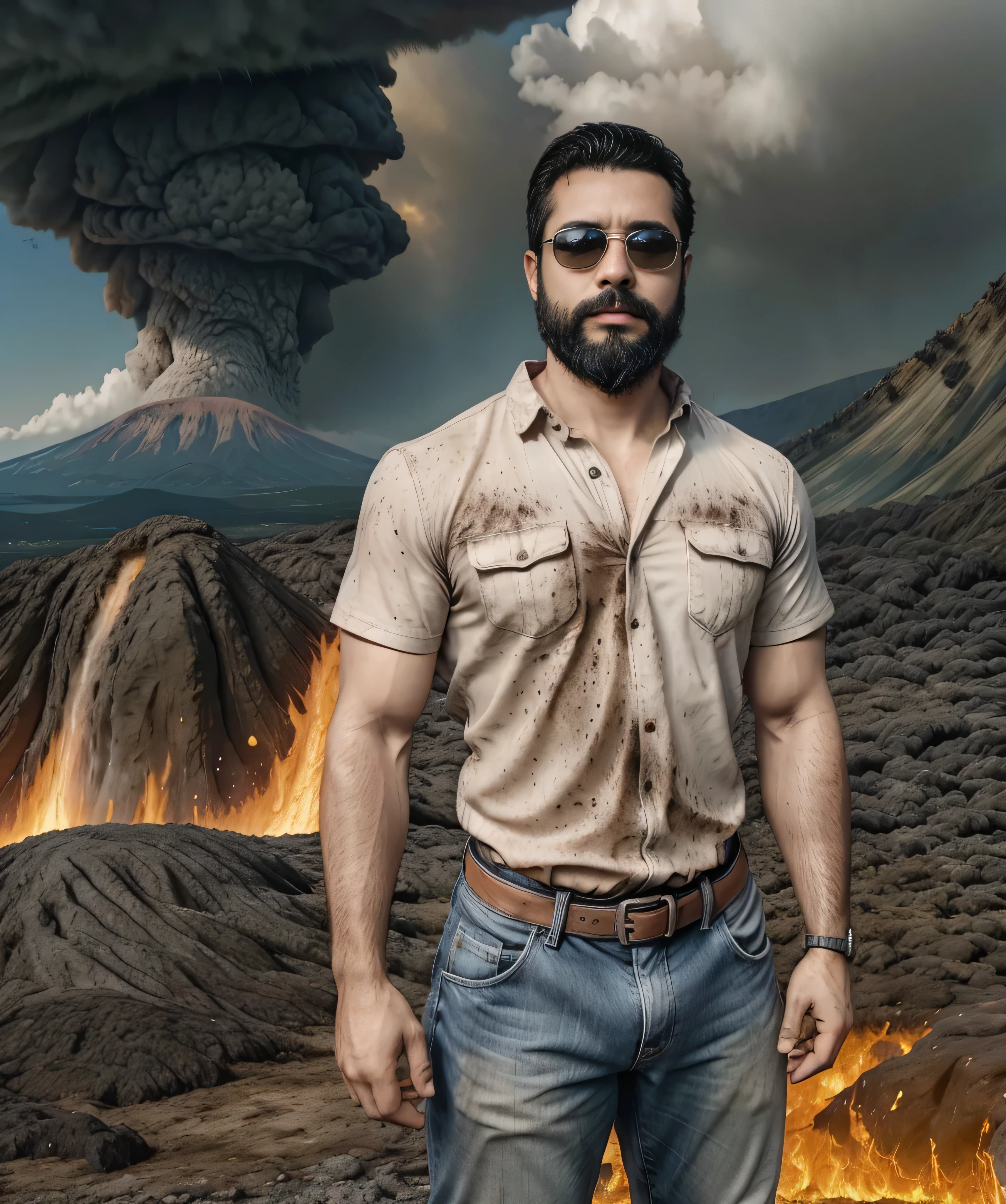 A well-built man with a dark beard and sunglasses, vistiendo una camisa de manga larga color beige y jeans desgastados. He is standing near the edge of an active volcano, with incandescent lava and thick smoke rising to the sky. El fondo muestra un paisaje desolado y rocoso, con el resplandor de la lava iluminando su figura. The man has a serious and confident expression, con las manos en los bolsillos, destacando como un aventurero audaz en medio de un entorno peligroso y fascinante.