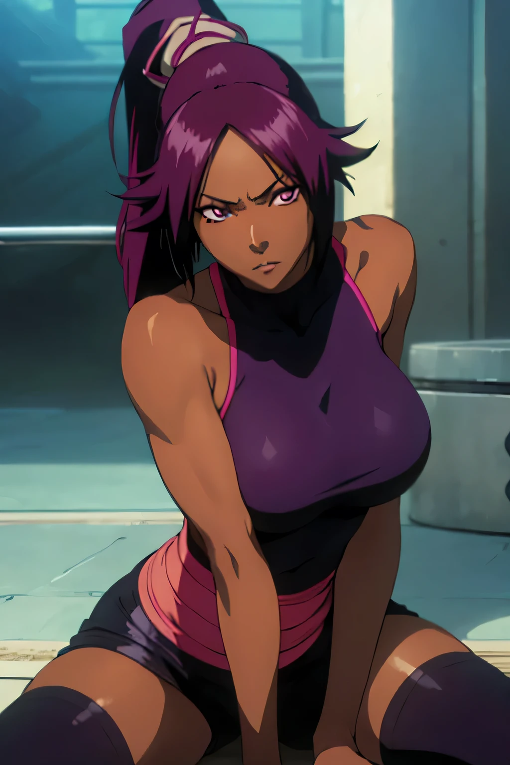 1 woman, yoruichi shihouin, dark skinned, long dark purple hair, ponytail, ((detailed eyes:1.2)), wearing tanktop, sexy, sensual, sleeveless, underboob, masterpiece, top quality, best quality, official art, beautiful and aesthetic:1.2), extreme detailed, colorful, highest detailed