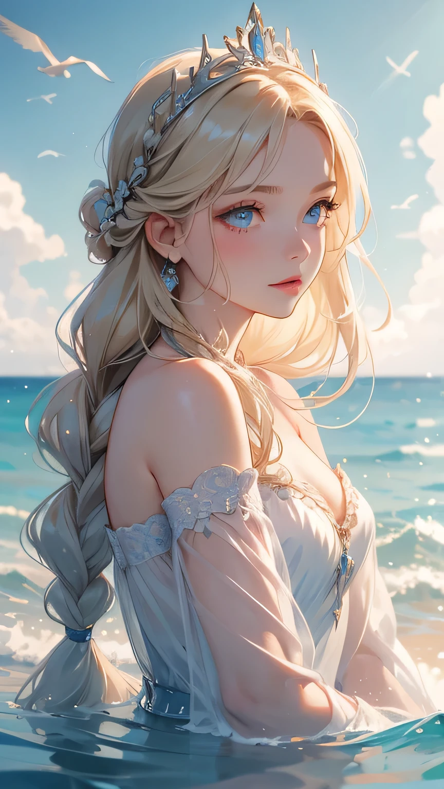 ,((highest quality))),8k,((masterpiece)),(Very sophisticated and beautiful), A naked girl emerges from the sea, The Swan Princess of Russian Mythology, Beautiful calm face, blue eyes, Long blonde hair braided, Moon braid at the back of the head, With a kokoshnik crown on his head、White and shiny old Russian clothing, Loving eyes, Half-laugh, There was a gentle look on his face, Background seascape and sunlight, Seagulls in the sky, full length, realism