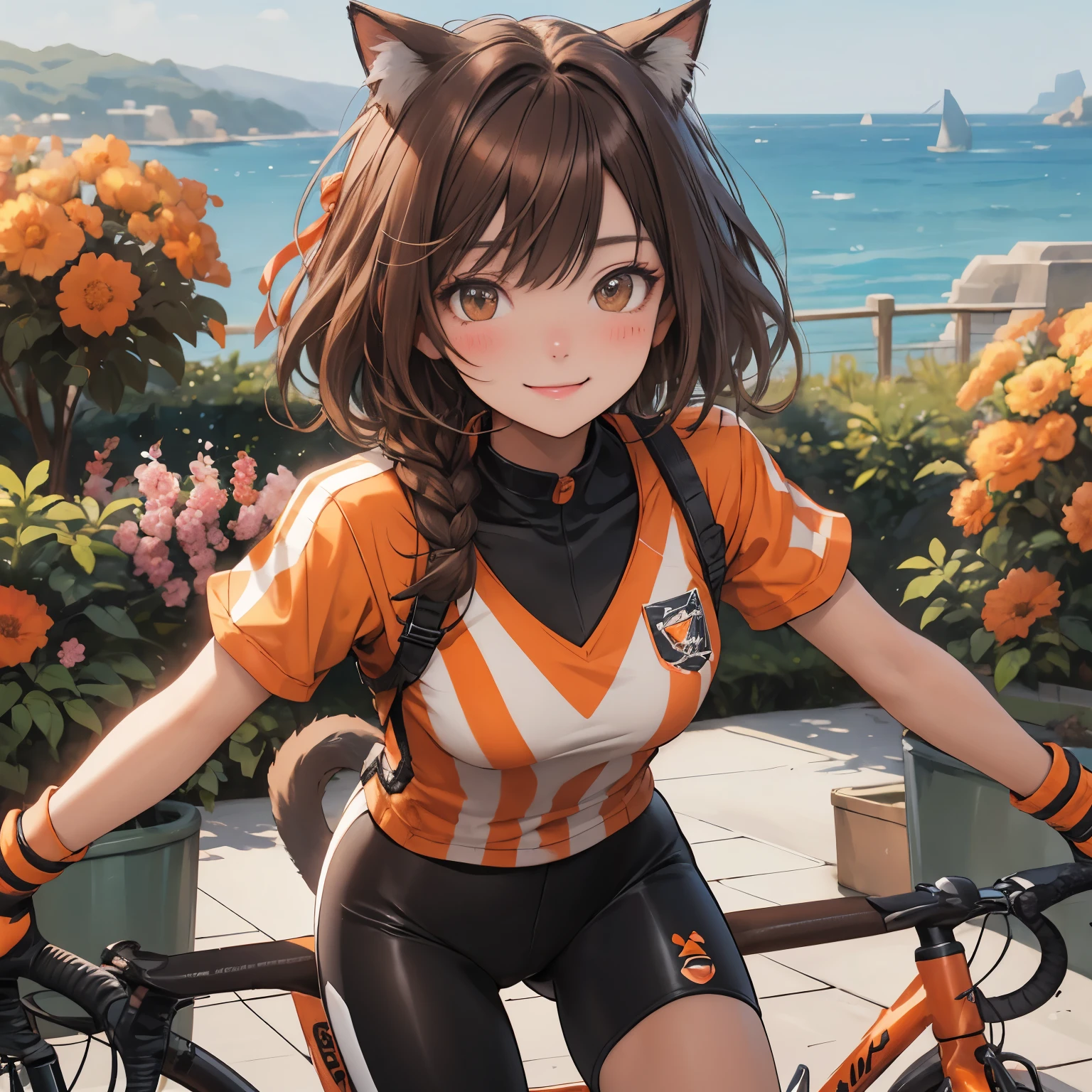 Cat with brown ribbon、Brown Hair、Brown eyes、Enjoy cycling、Stylish brown and orange sportswear、Three striped brown jersey、garden、By the Sea、smile