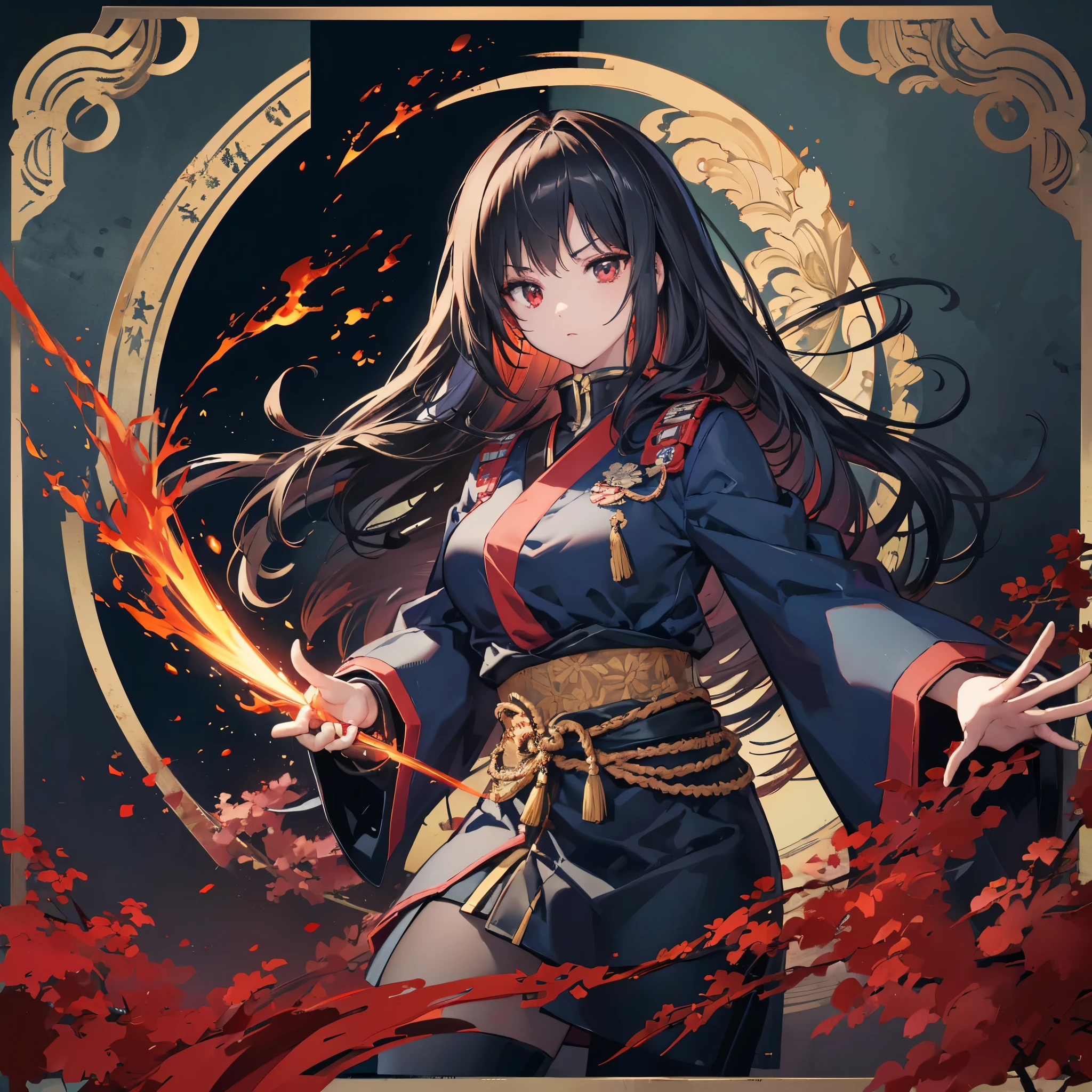 ((blackい髪　Long Hair　black　Military commander　one person　Lonely　Red Flag　Eye patch))　((night　Japanese style　old　Shining Aura))　(Dance　Flame Blade　Shining Japan sword　Draw your sword　Grasp the sword)　moon　star　Draw your sword　Slashing　Catch the wind　print　Tense face　geta　kimono