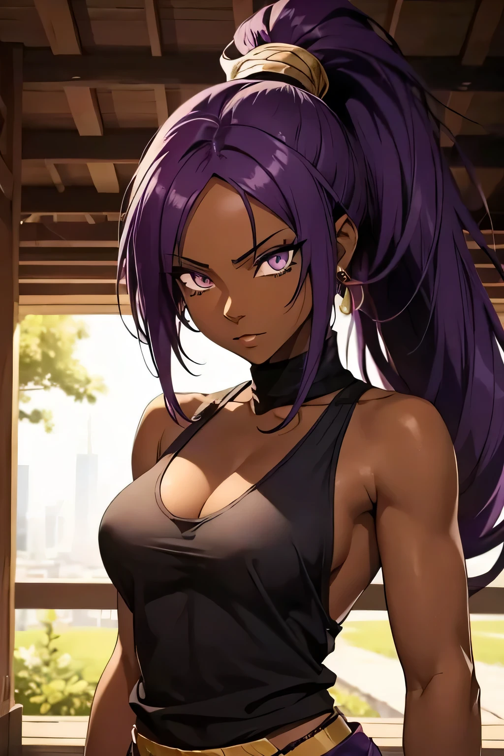 1 woman, yoruichi shihouin, dark skinned, long dark purple hair, ponytail, ((detailed eyes:1.2)), wearing tanktop, sexy, sensual, sleeveless, underboob, masterpiece, top quality, best quality, official art, beautiful and aesthetic:1.2), extreme detailed, colorful, highest detailed