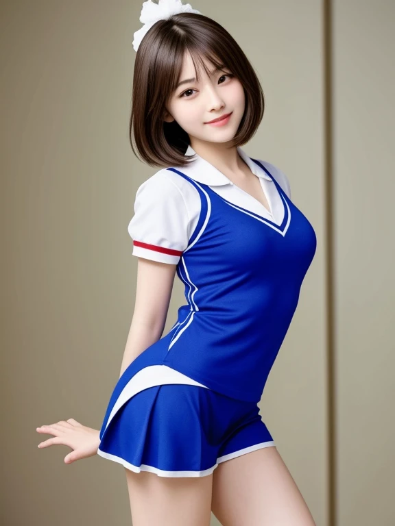 (whole body:1.3),masterpiece, highest quality, High resolution, wallpaper, Realistic, Bright lighting, Professional Lighting, Face Light, Smooth lighting, Japanese Girls, ((whole body:1.3)),running, 12 years old,cute, smile, beautiful girl, gravure, sexy, so beautiful, Beautiful Skin, Beautiful and detailed、Detailed face、slim、Moderate, short hair, Brunette colored hair, Brown eyes, View your viewers,Cheerleader uniforms,I have a pom-pom,,flower,School gymnasium,Small,Thighs、A dynamic pose