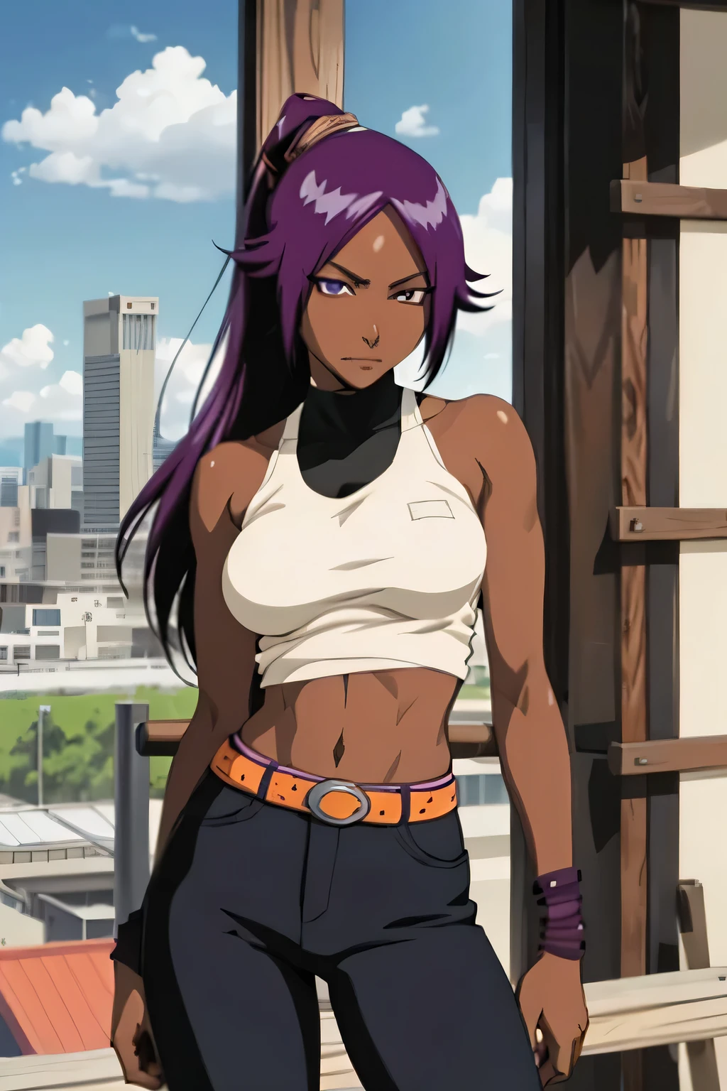 1 woman, yoruichi shihouin, dark skinned, long dark purple hair, ponytail, ((detailed eyes:1.2)), wearing tanktop, sexy, sensual, sleeveless, underboob, masterpiece, top quality, best quality, official art, beautiful and aesthetic:1.2), extreme detailed, colorful, highest detailed