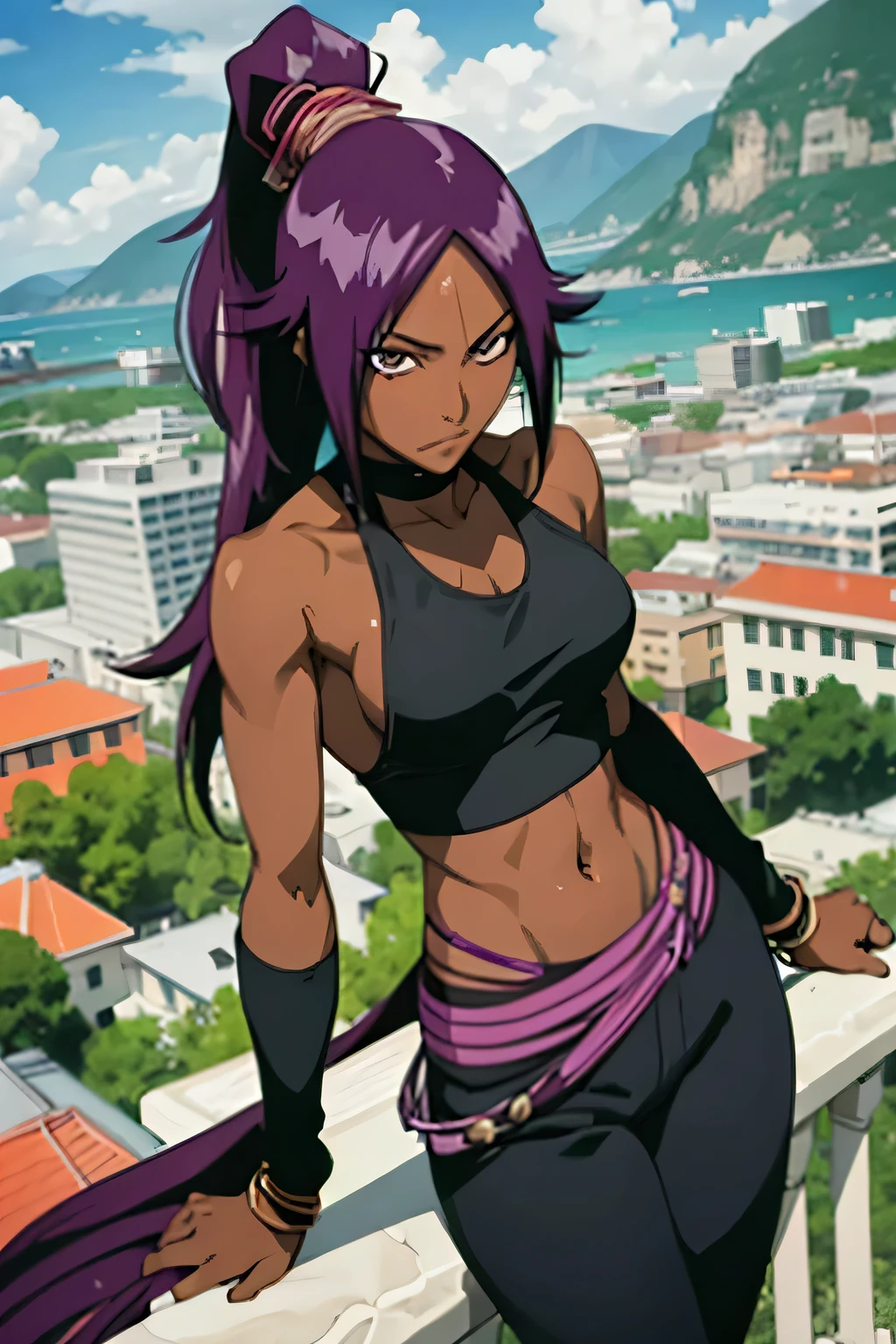 1 woman, yoruichi shihouin, dark skinned, long dark purple hair, ponytail, ((detailed eyes:1.2)), wearing tanktop, sexy, sensual, sleeveless, underboob, masterpiece, top quality, best quality, official art, beautiful and aesthetic:1.2), extreme detailed, colorful, highest detailed