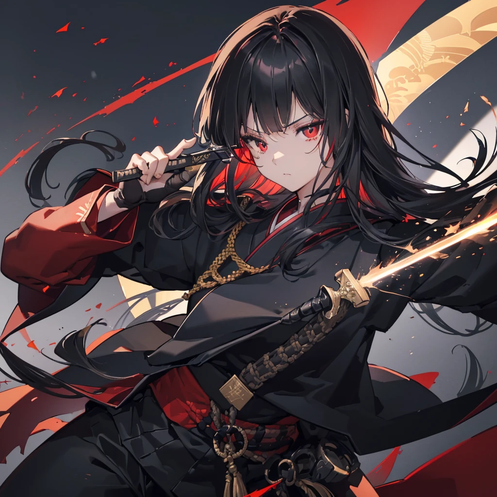 ((blackい髪 Long Hair black Military commander one person Lonely Red Flag Eye patch)) ((night Japanese style old Shining Aura)) (Dance Flame Blade Shining Japan sword Draw your sword Grasp the sword) moon star Draw your sword Slashing Catch the wind print Tense face geta kimono