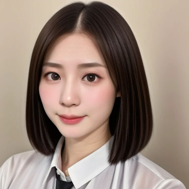 (kawaii 24 year-old Japanese girl, Nogizaka idol, Korean idol), glossy brown hair, very short hair, (forehead:1.2), beautiful black eyes, rounded face, narrow shoulders, single eyelid, no makeup, no expression, (suit jacket, collared shirt, necktie), extra small breasts, BREAK, (simple white background:1.2), (view from forward, bust shot, upper body shot, id photo), BREAK, (masterpiece, best quality, photo realistic, official art:1.4), (UHD, 8K quality wallpaper, high resolution, raw photo, golden ratio:1.3), (shiny skin), professional lighting, physically based rendering, award winning, (highly detailed skin texture, extremely detailed face and eyes textures), Carl Zeiss 85 mm F/1.4, depth of field, (1girl, solo),