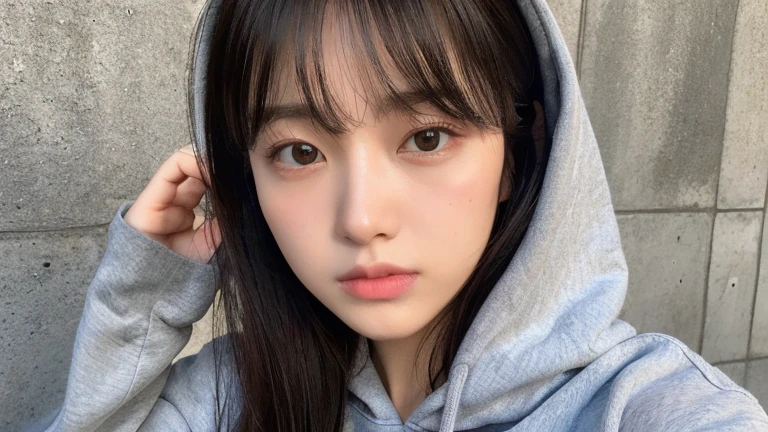 (highest quality、16K resolution)1 girl、solo、Natural soft light、、Japanese women、Looking into the camera、Concrete Background、Look forward、standing、Beaver、Female in her late teens、Light bangs、Long Hair、Black Hair,Natural look、Portrait、Grey hoodie