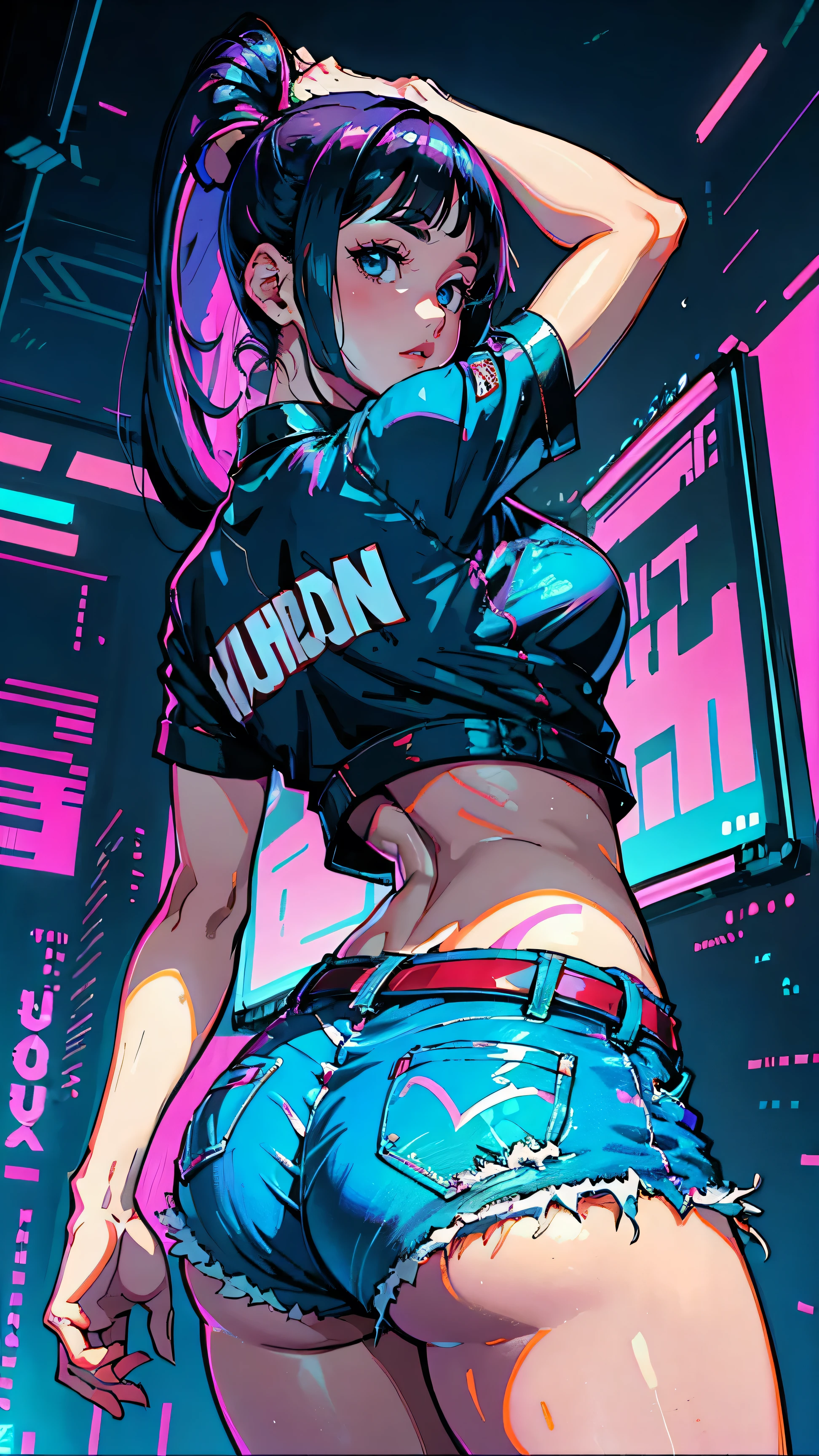 (Hinata Hyuga, Very sensual, In tight clothes, Big Ass, Thick legs, Jean Shorts, Wearing a mini blouse, Navel comes out, Long Hair, Rear speakers, Very realistic, View of the Cyberpunk City, Clearly defined lines, Neon Lights Very Sexy, 8k, 8k Very detailed), (Very delicate and beautiful), (masterpiece), (Better Quality: 1.0), (Ultra-high resolution:1.0), ((Synthwave Background Theme))