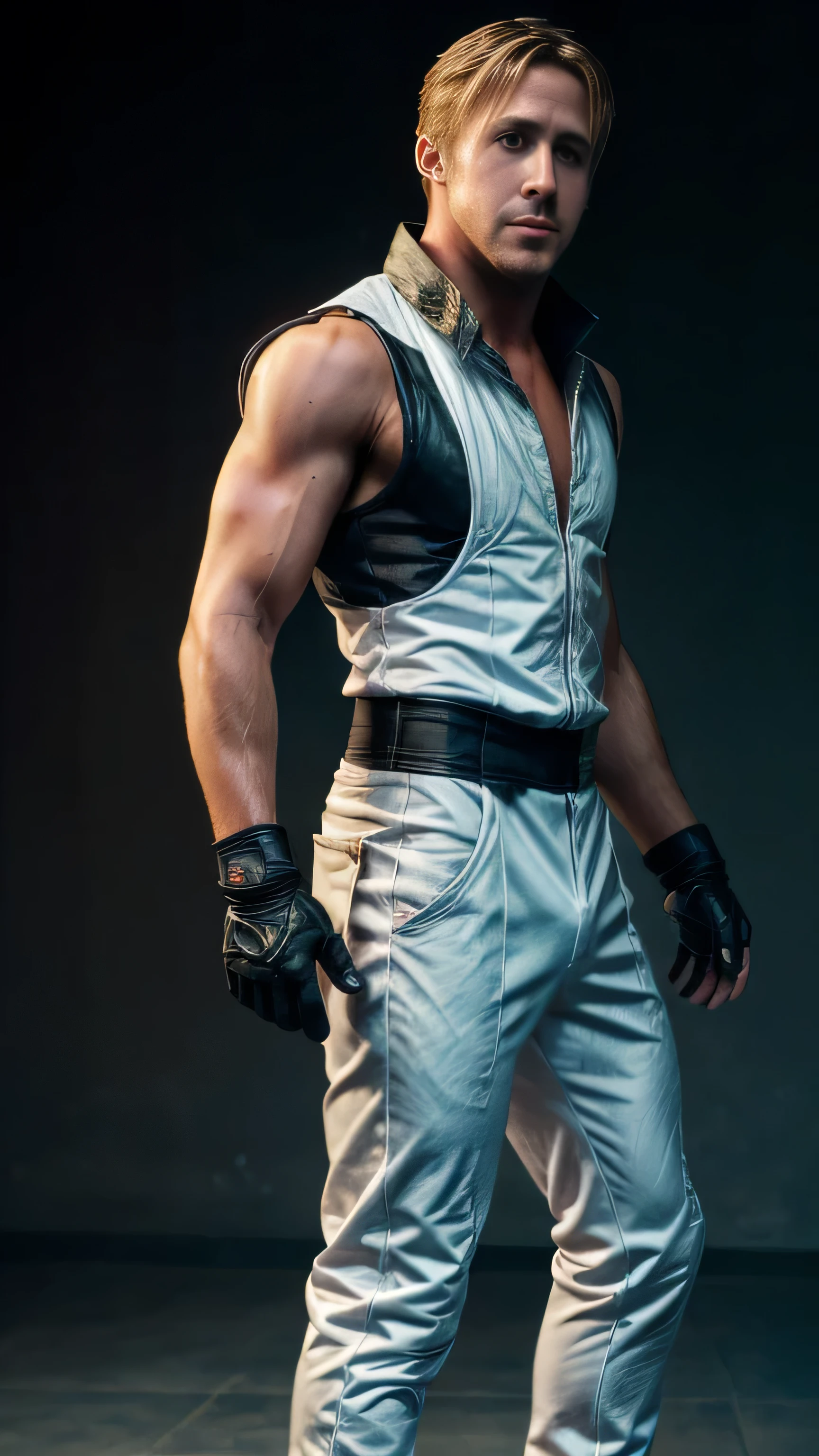 (Ryan Gosling) as Kobra from Mortal Kombat, long hair, white sleeveless vest, white fingerless gloves, black ninja pants, black ninja shoes, 1man, solo, full body view, front view, looking at viewer, intricate, high detail, sharp focus, dramatic, photorealistic painting art by greg rutkowski
