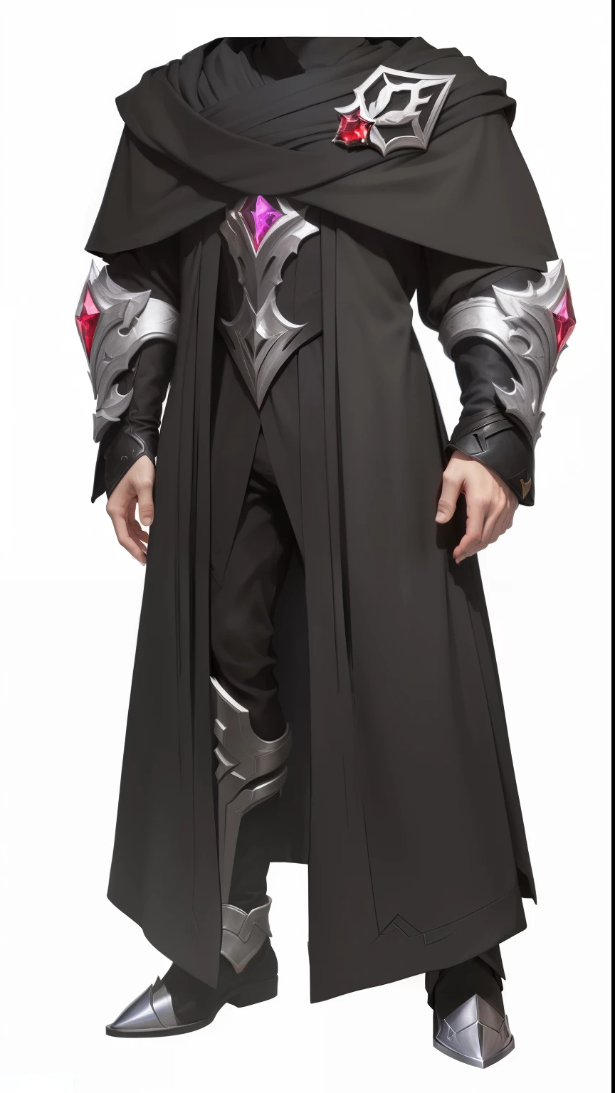 A black fighter，Red crystal gemstones，silvery metal，Pleated detailing，Pattern details，Fabric texture，silvery，robe，League of Legends ，Whole body concept, , noble elf male in black robe， Extremely high detail，Metallic luster，4K，High precision