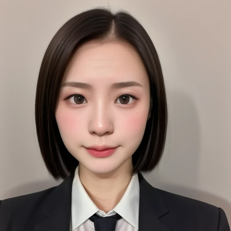 (kawaii 24 year-old Japanese girl, Nogizaka idol, Korean idol), glossy brown hair, very short hair, (forehead:1.2), beautiful black eyes, rounded face, narrow shoulders, single eyelid, no makeup, no expression, (suit jacket, collared shirt, necktie), extra small breasts, BREAK, (simple white background:1.2), (view from forward, bust shot, upper body shot, id photo), BREAK, (masterpiece, best quality, photo realistic, official art:1.4), (UHD, 8K quality wallpaper, high resolution, raw photo, golden ratio:1.3), (shiny skin), professional lighting, physically based rendering, award winning, (highly detailed skin texture, extremely detailed face and eyes textures), Carl Zeiss 85 mm F/1.4, depth of field, (1girl, solo),