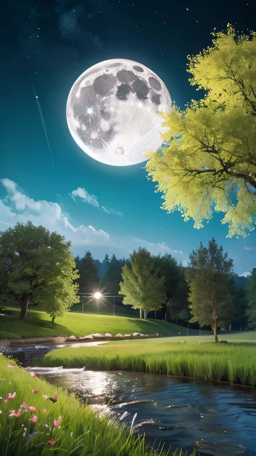 Masterpiece, ultra-realistic, night, big full moon, nature, small hill, large cherry tree in full bloom waving in the wind, spreading grassland, clear stream, fantastic,