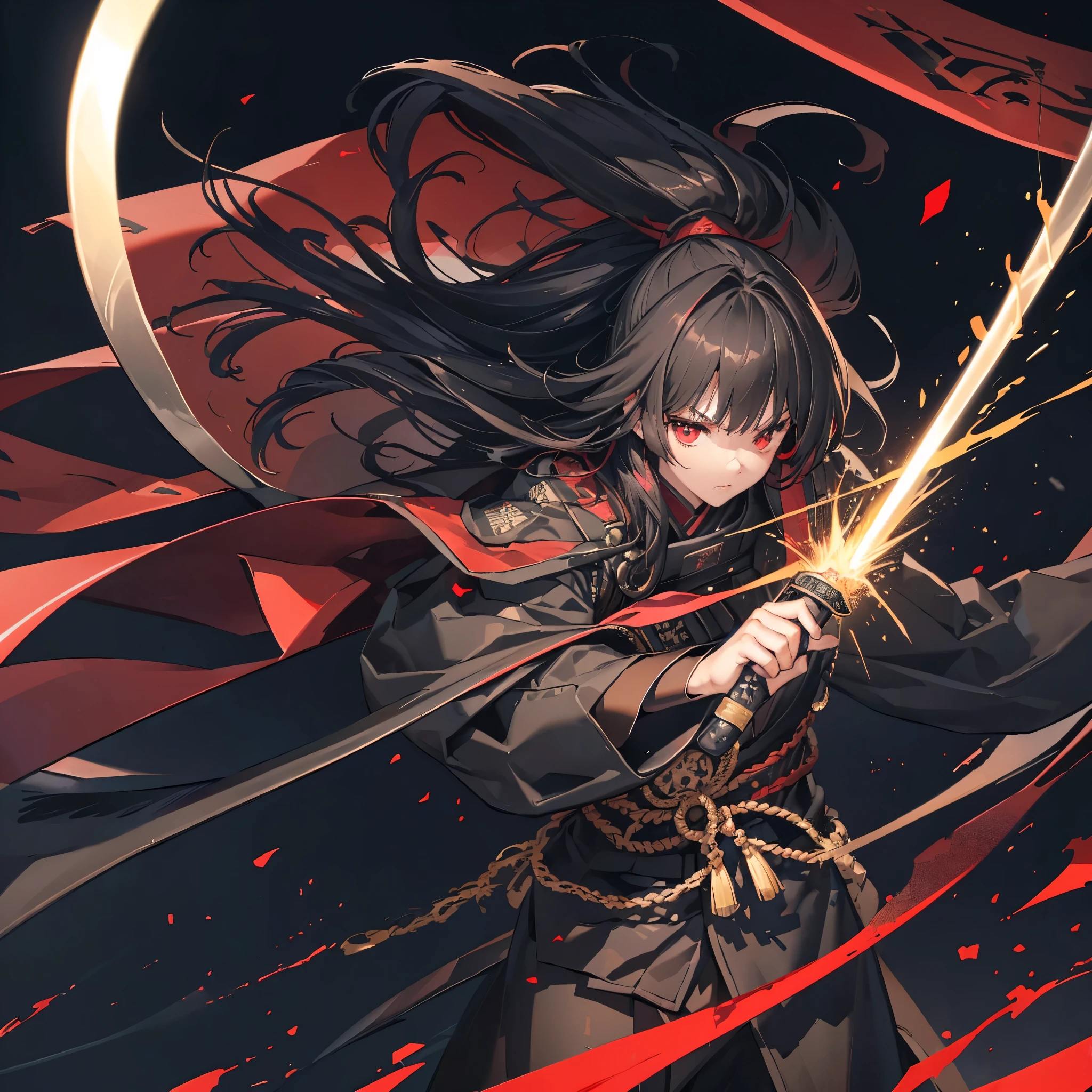 ((blackい髪　Long Hair　black　Military commander　one person　Lonely　Red Flag　Eye patch))　((night　Japanese style　old　Shining Aura))　(Dance　Burning Blade　Shining Japan sword　Draw your sword　Grasp the sword　With a scabbard)　moon　star　Draw your sword　Slashing　Catch the wind　print　Tense face　geta　kimono