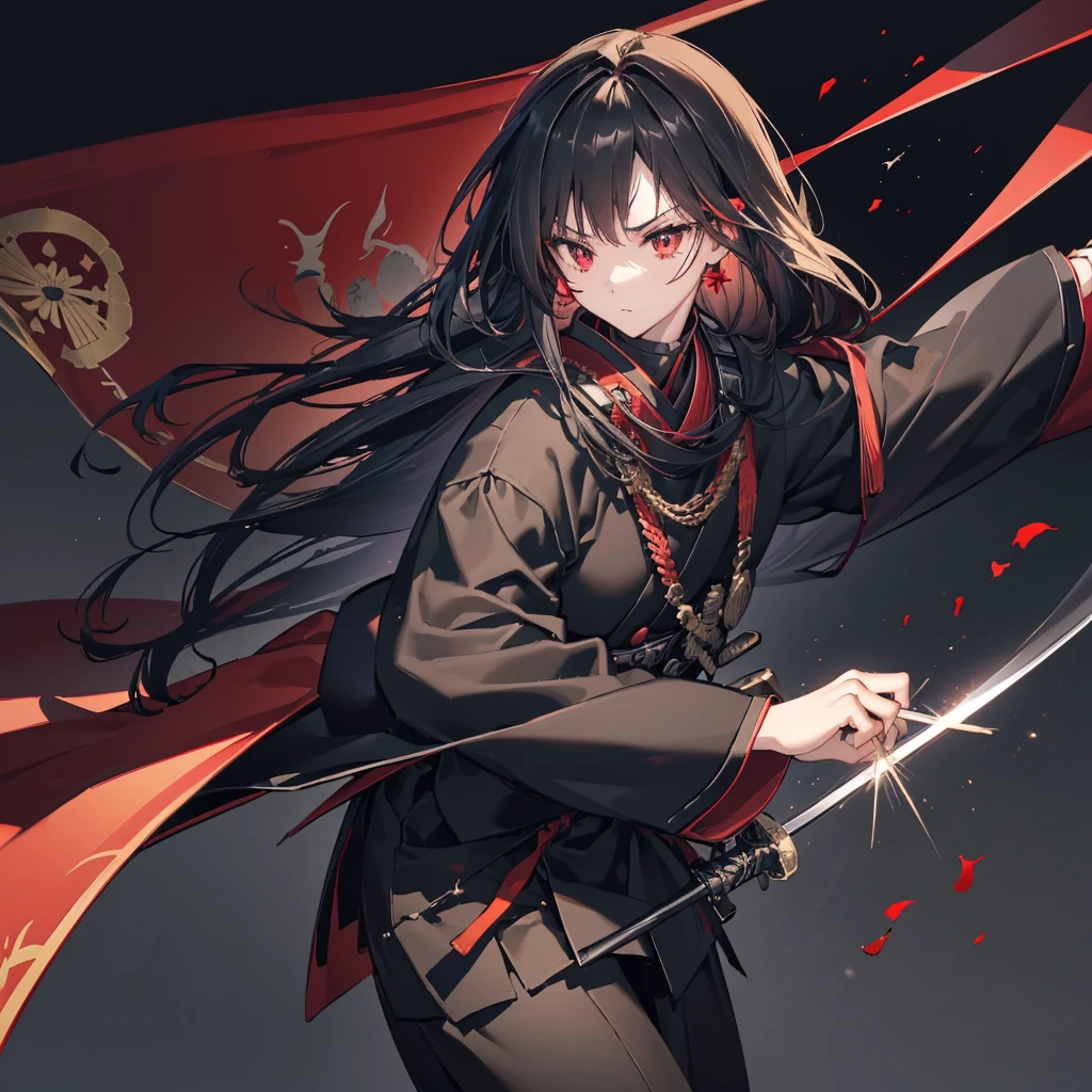 ((blackい髪 Long Hair black Military commander one person Lonely Red Flag Eye patch)) ((night Japanese style old Shining Aura)) (Dance Burning Blade Shining Japan sword Draw your sword Grasp the sword With a scabbard) moon star Draw your sword Slashing Catch the wind print Tense face geta kimono
