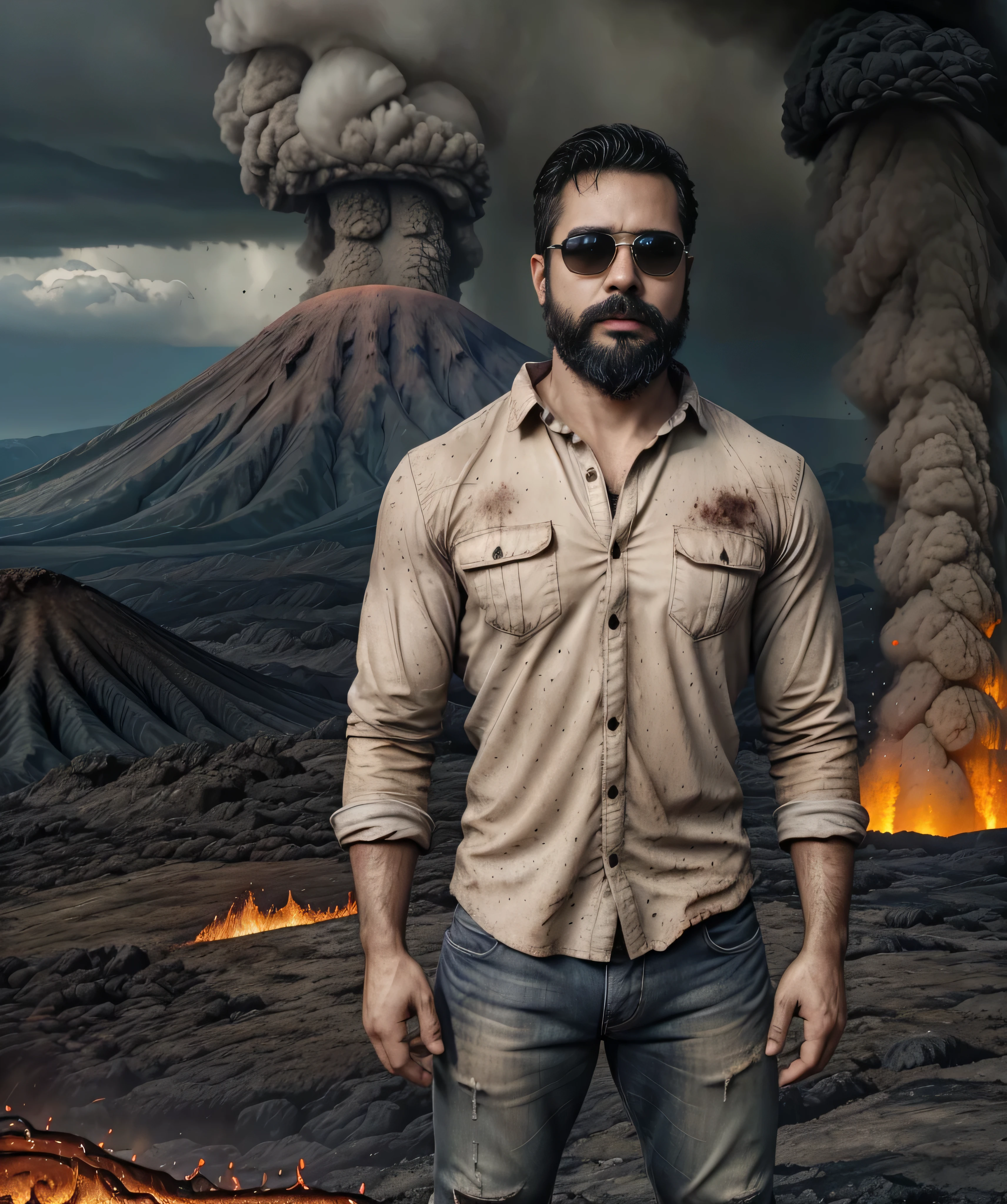 a well-built man with a dark beard and sunglasses, wearing a beige long-sleeve shirt and distressed jeans, standing near the edge of an active volcano with incandescent lava and thick smoke rising to the sky, desolate and rocky landscape, lava glow illuminating his figure, serious and confident expression, hands in pockets, adventurous explorer in a dangerous and captivating environment, (best quality,4k,8k,highres,masterpiece:1.2),ultra-detailed,(realistic,photorealistic,photo-realistic:1.37),dramatic lighting,detailed facial features,detailed clothing,detailed lava and smoke,dramatic landscape,adventure,explorer,outdoor,volcano,eruption,danger