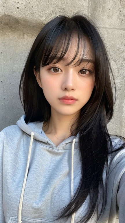 (highest quality、16K resolution)1 girl、solo、Natural soft light、、Japanese women、Looking into the camera、Concrete Background、Look forward、standing、Beaver、Female in her late teens、Light bangs、Long Hair、Black Hair,Natural look、Portrait、Grey hoodie、Various expressions
