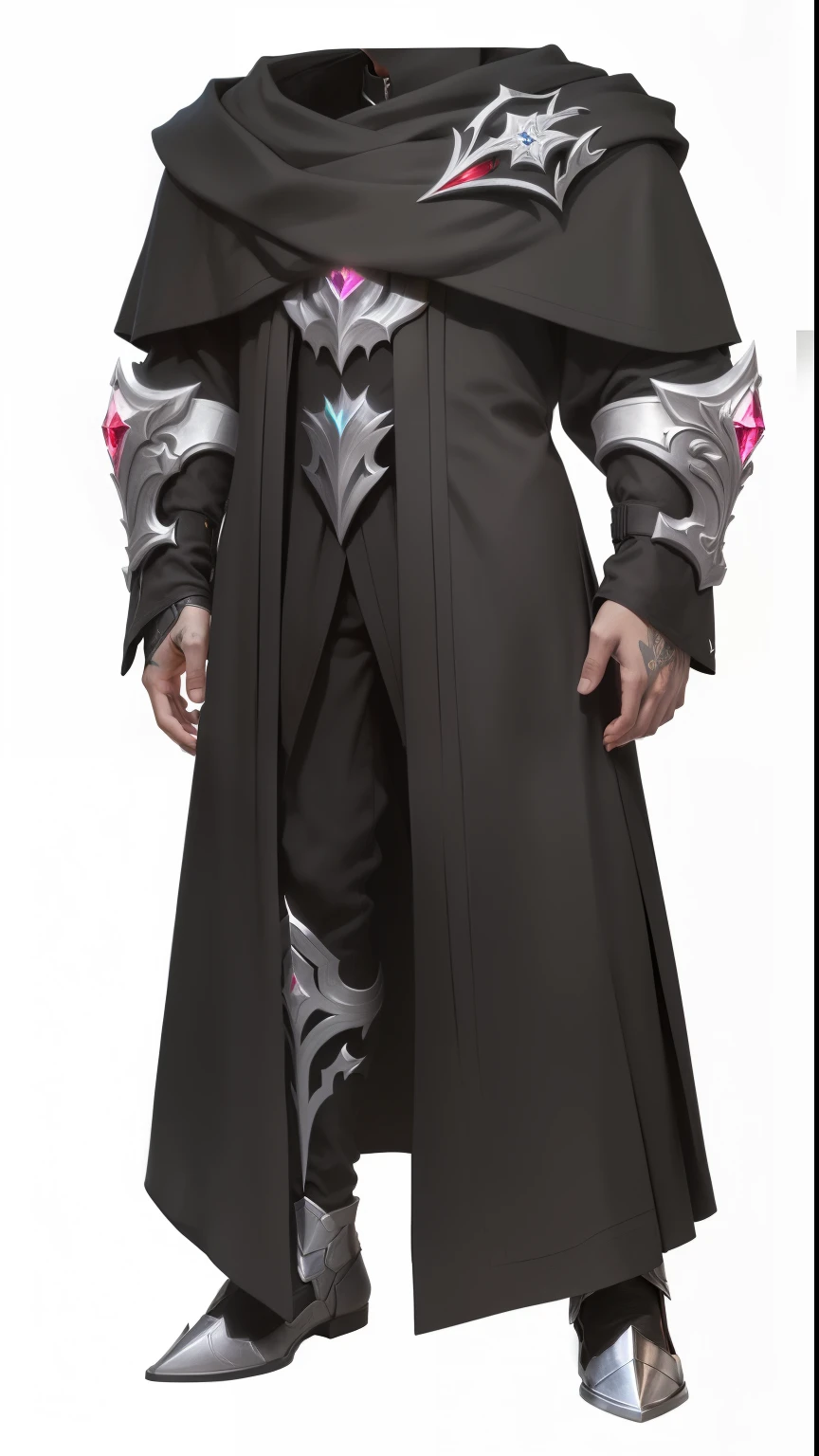 A black fighter,Red crystal gemstones,silvery metal,Pleated detailing,Pattern details,Fabric texture,silvery,robe,League of Legends ,Whole body concept, , noble elf male in black robe, Extremely high detail,Metallic luster,4K,High precision