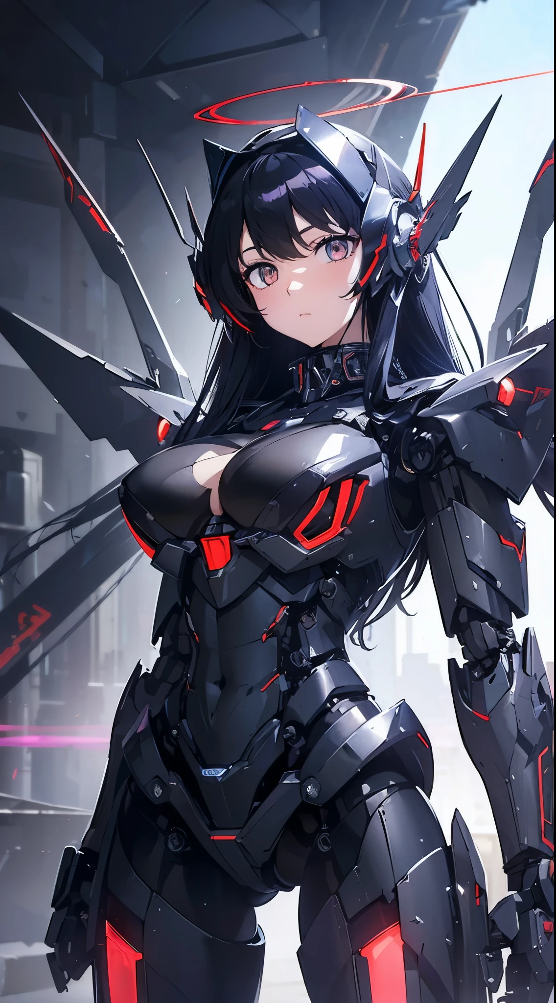 Machine eyes glowing red、Expressionless