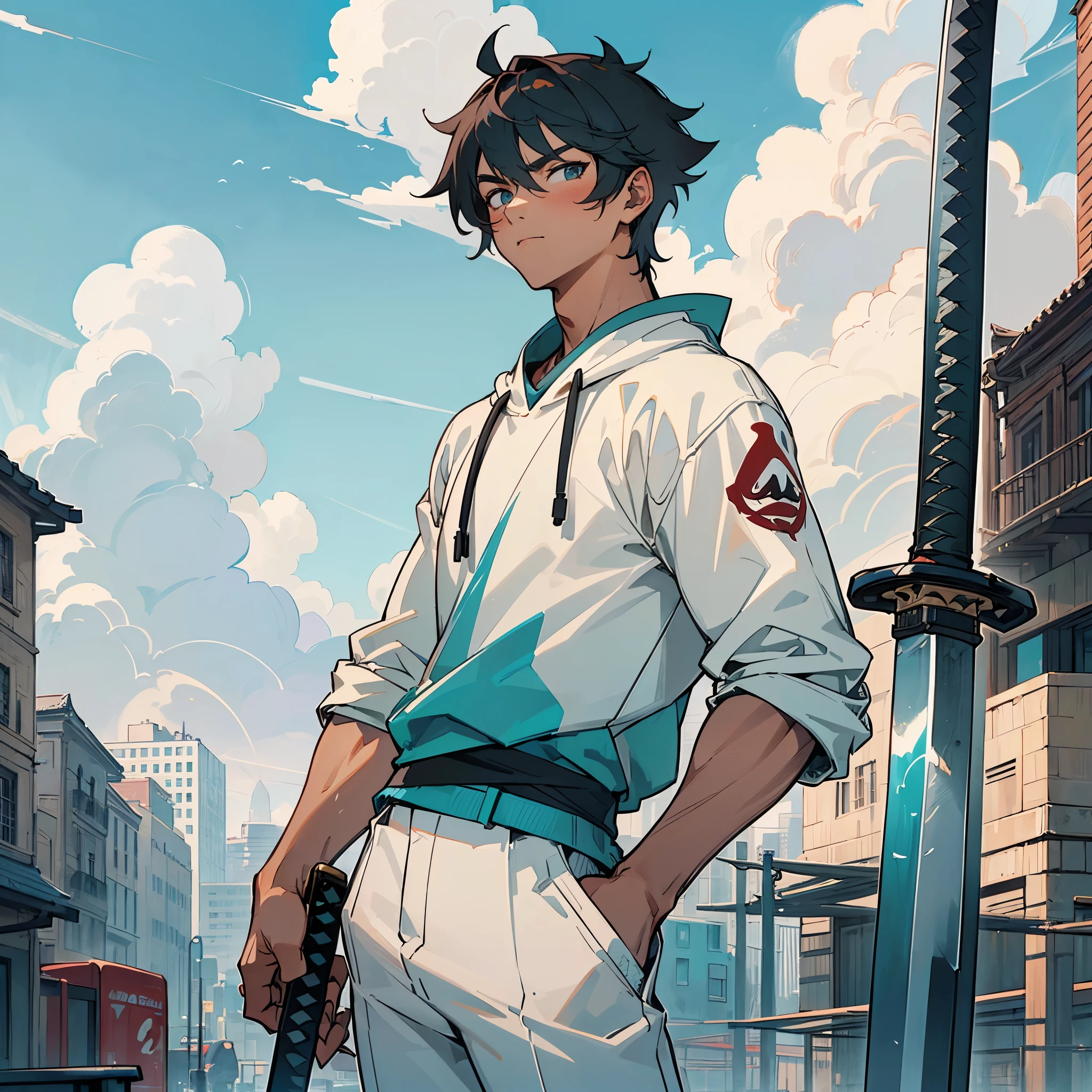 ((masterpiece,best quality,1boy,male focus,looking at viewer,solo,closed mouth,teenager,muscular,muscle,swordsman,katana))
ash gray hair,short messy hair,teal eyes,perfect eyes,perfect face,calm demeanor,modern clothing,white sweatshirt,white pants,red jordans,dark skin color,standing still,caramel skin color,
((street level background,noon,cloudy sky,buildings,street,clouds,afternoon))