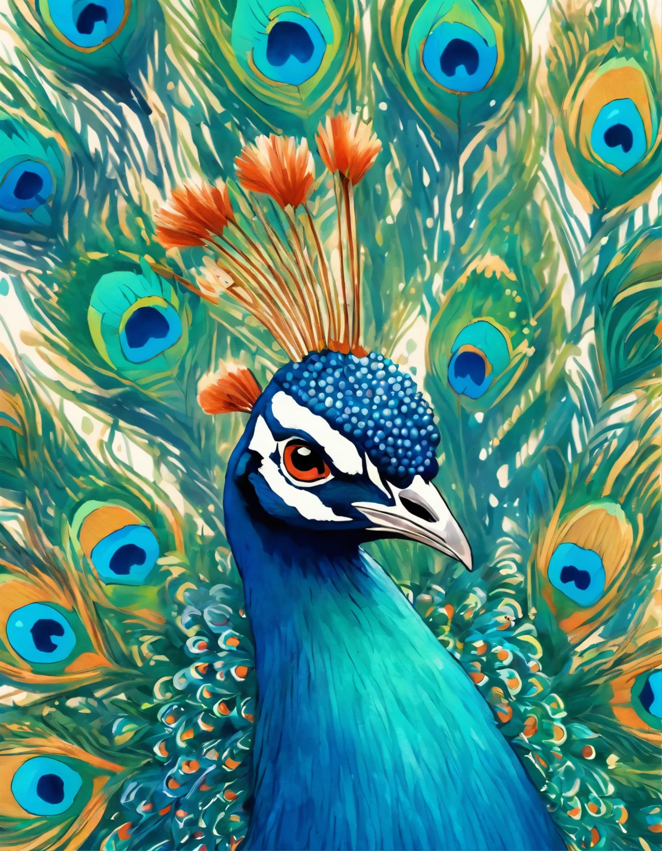 painting of a peacock with blue feathers on a white background, a detailed painting by Charlotte Harding, flickr, pointillism, peacock. intricate, peacock colors, peacock, beautiful detail and color, masterful detailed watercolor, 9 peacock tails, painted in bright water colors, 9 brilliant peacock tails, water color and pen