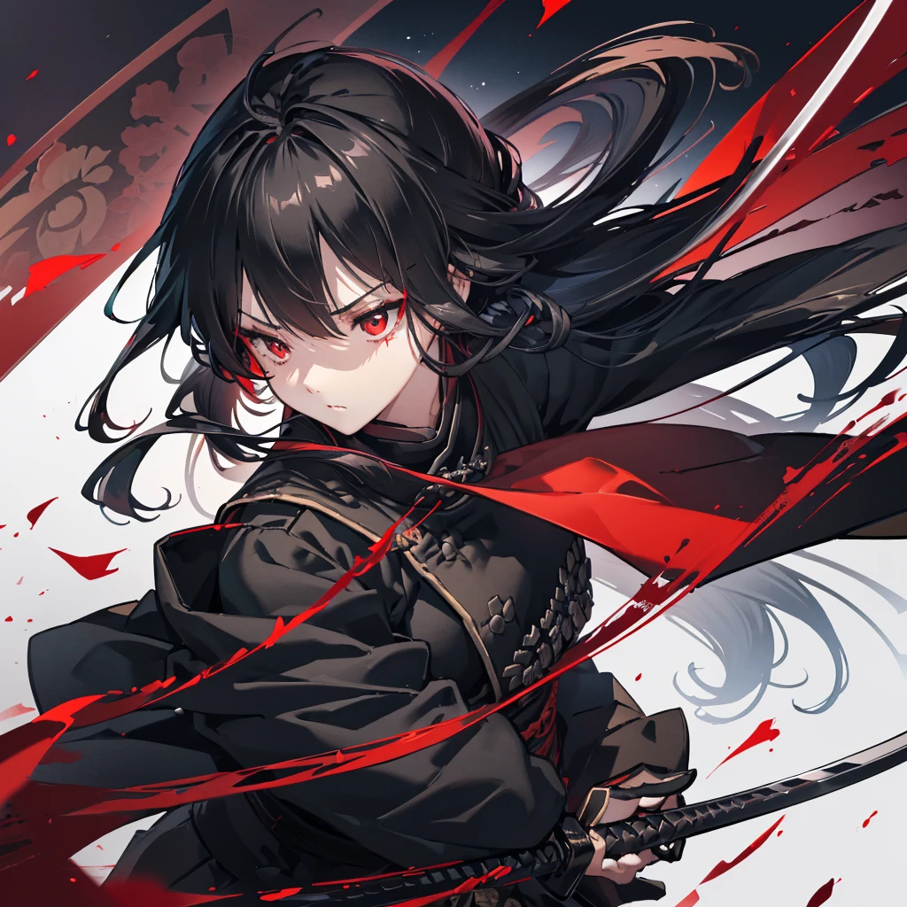 ((blackい髪 Long Hair black Military commander one person Lonely Red Flag Eye patch)) ((night Japanese style old Shining Aura)) (Dance Burning Blade Shining Japan sword Draw your sword Grasp the sword With a scabbard) moon star Draw your sword Slashing Catch the wind print Tense face geta kimono