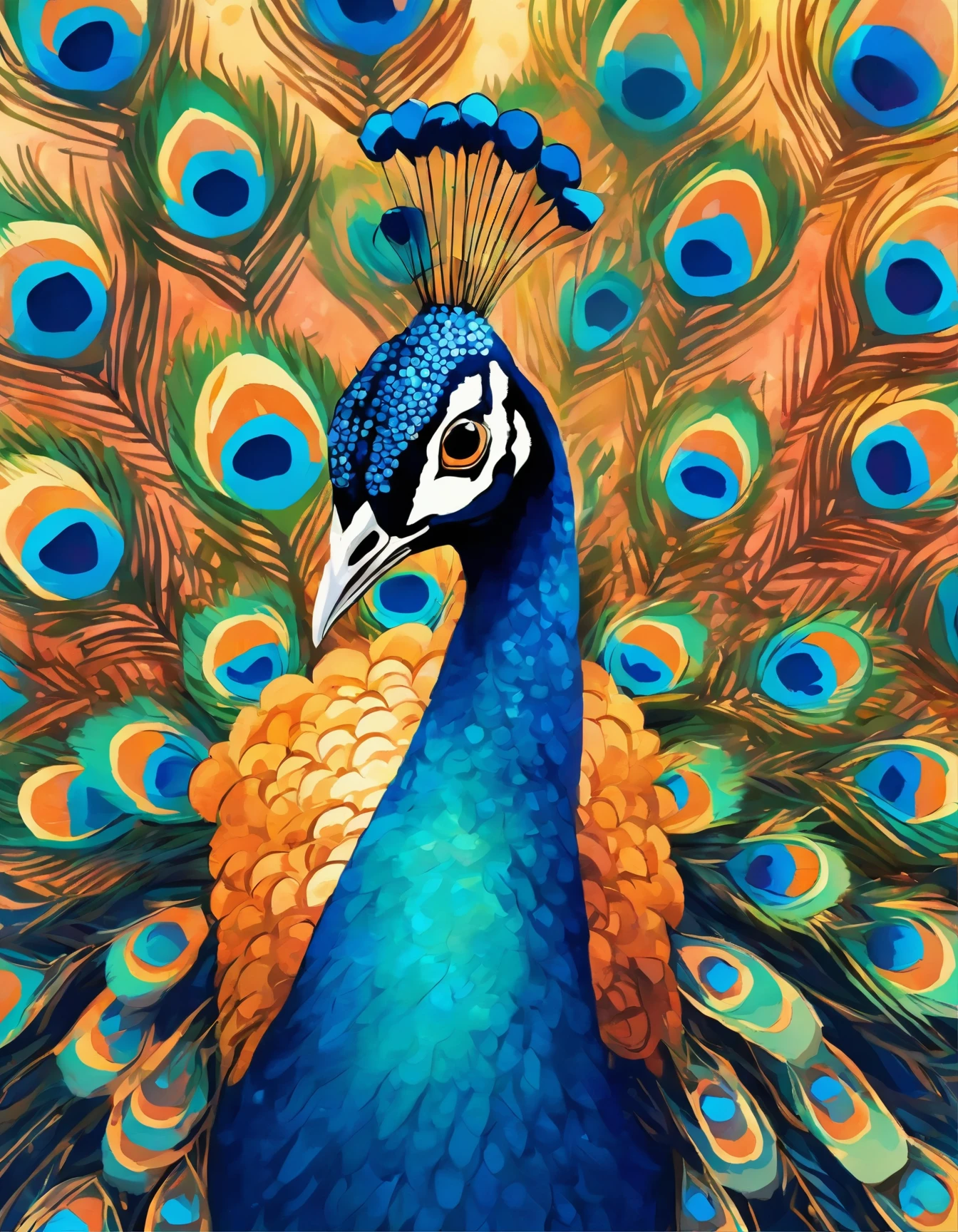 painting of a peacock with blue feathers on a white background, a detailed painting by Charlotte Harding, flickr, pointillism, peacock. intricate, peacock colors, peacock, beautiful detail and color, masterful detailed watercolor, 9 peacock tails, painted in bright water colors, 9 brilliant peacock tails, water color and pen