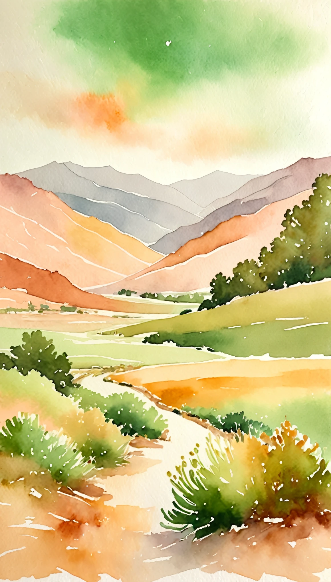 imagine a soft watercolor painting of a central california landscape scene, loose and kind of abstract, ocher, green, blush, peach tones，ezh