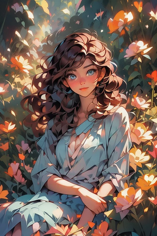 Anime girl, long brown curly hair, blue eyes hands on face, sitting down, surrounded by flowers, background (minimalist, pastel colors, splash), digital art, masterpiece, ultra detailed, best quality, wallpaper